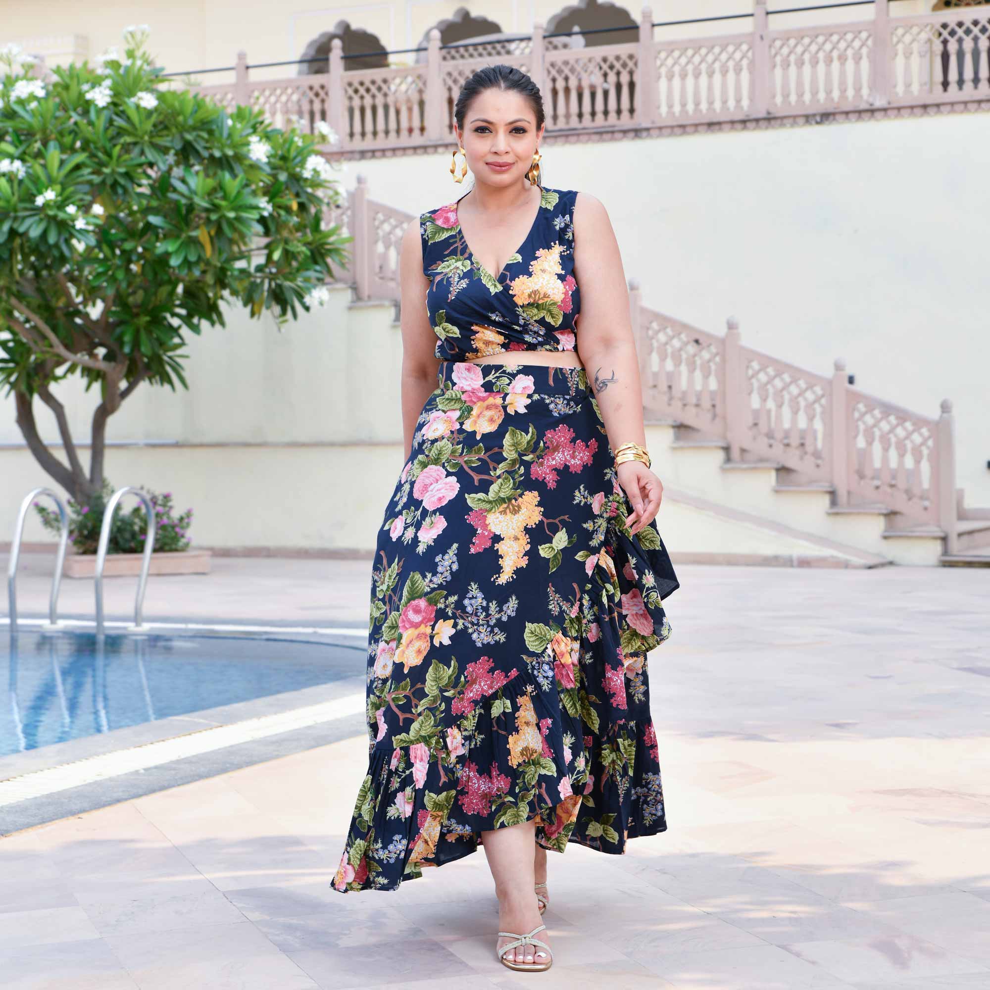Evening Rose Cotton Wrap Skirt Top Set (Blue)