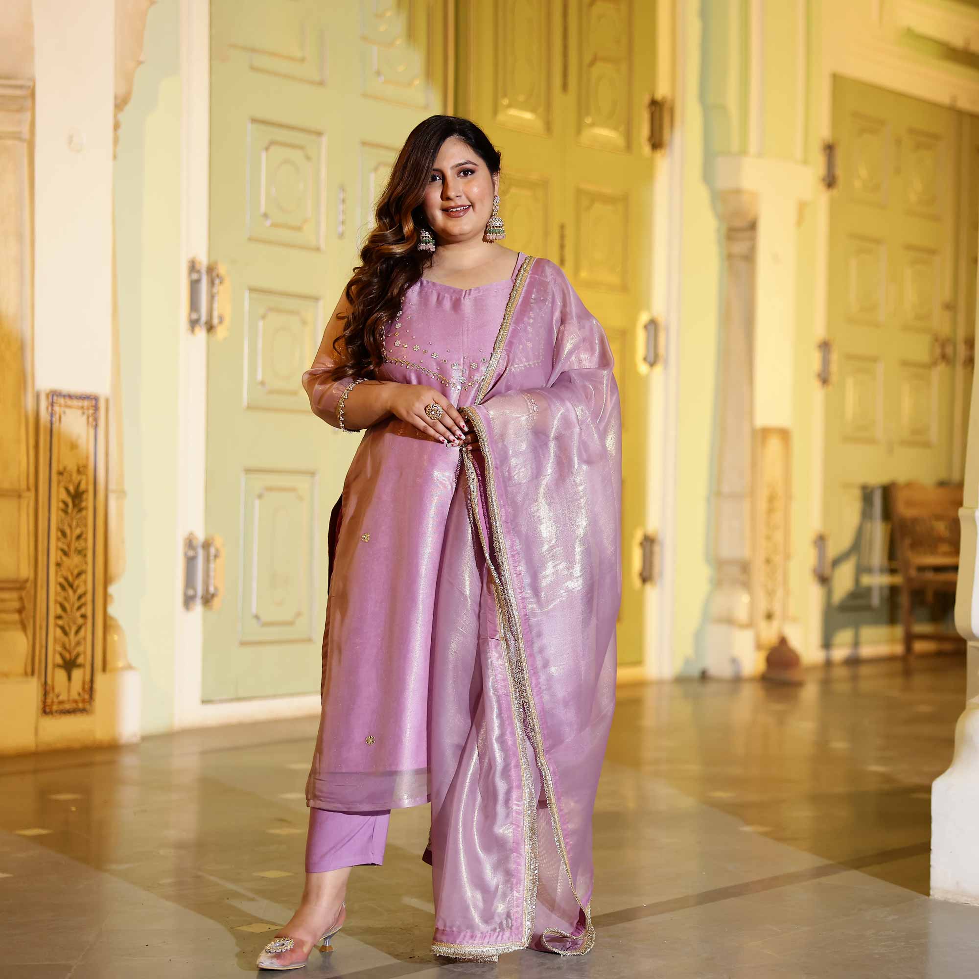 Lavender Glitz Tissue Gota Patti Handwork Suit Set