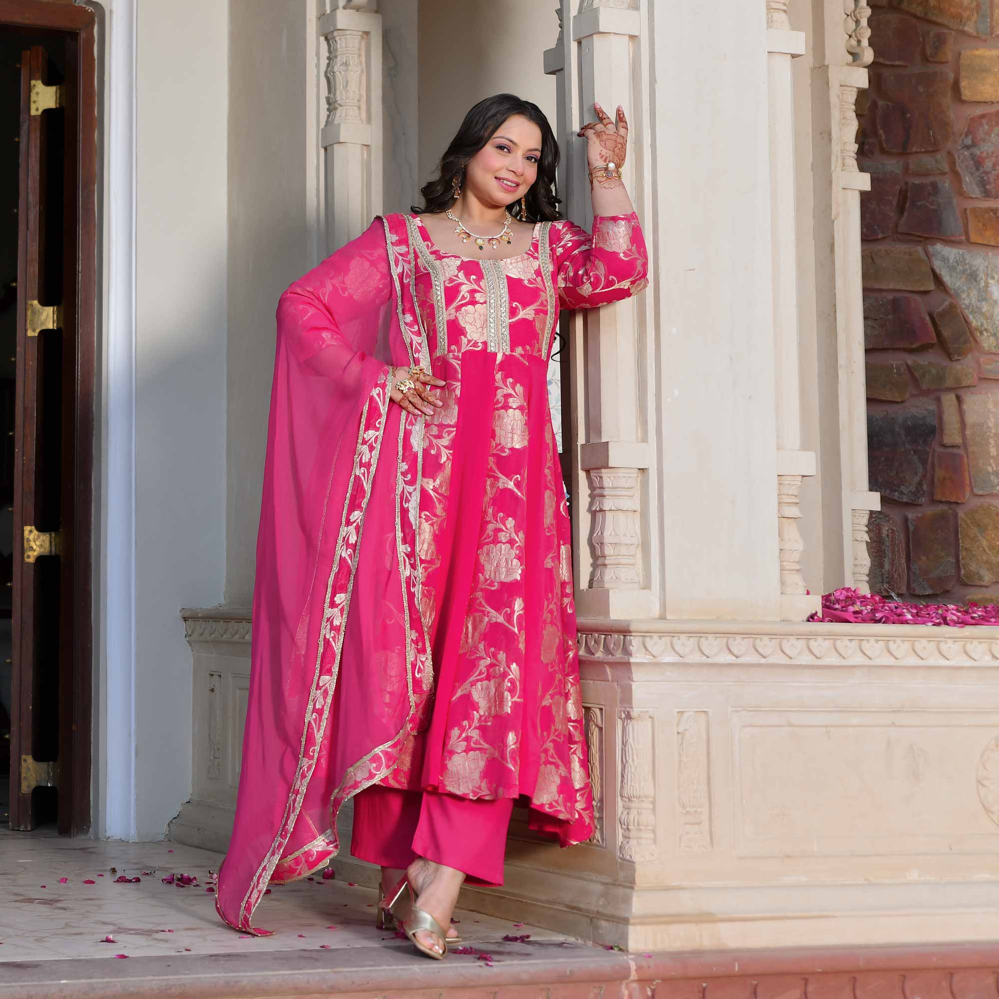 Pankhuri - Deep Pink Banarasi Pure Georgette Anarkali Set Pankhuri - Deep Pink Banarasi Pure Georgette Anarkali Set