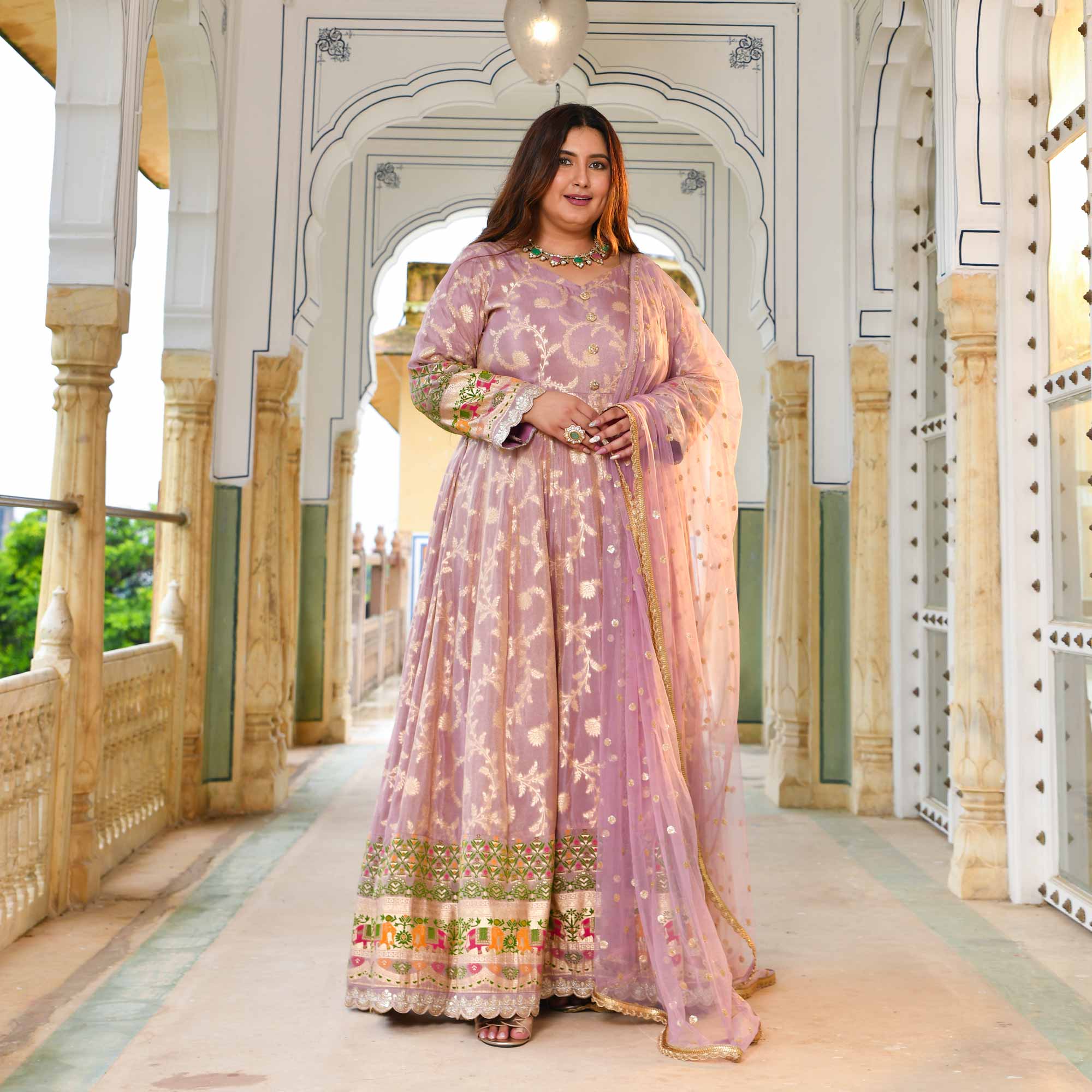 Meher-Lilac Banarasi Tissue Silk Embroidered Anarkali Set