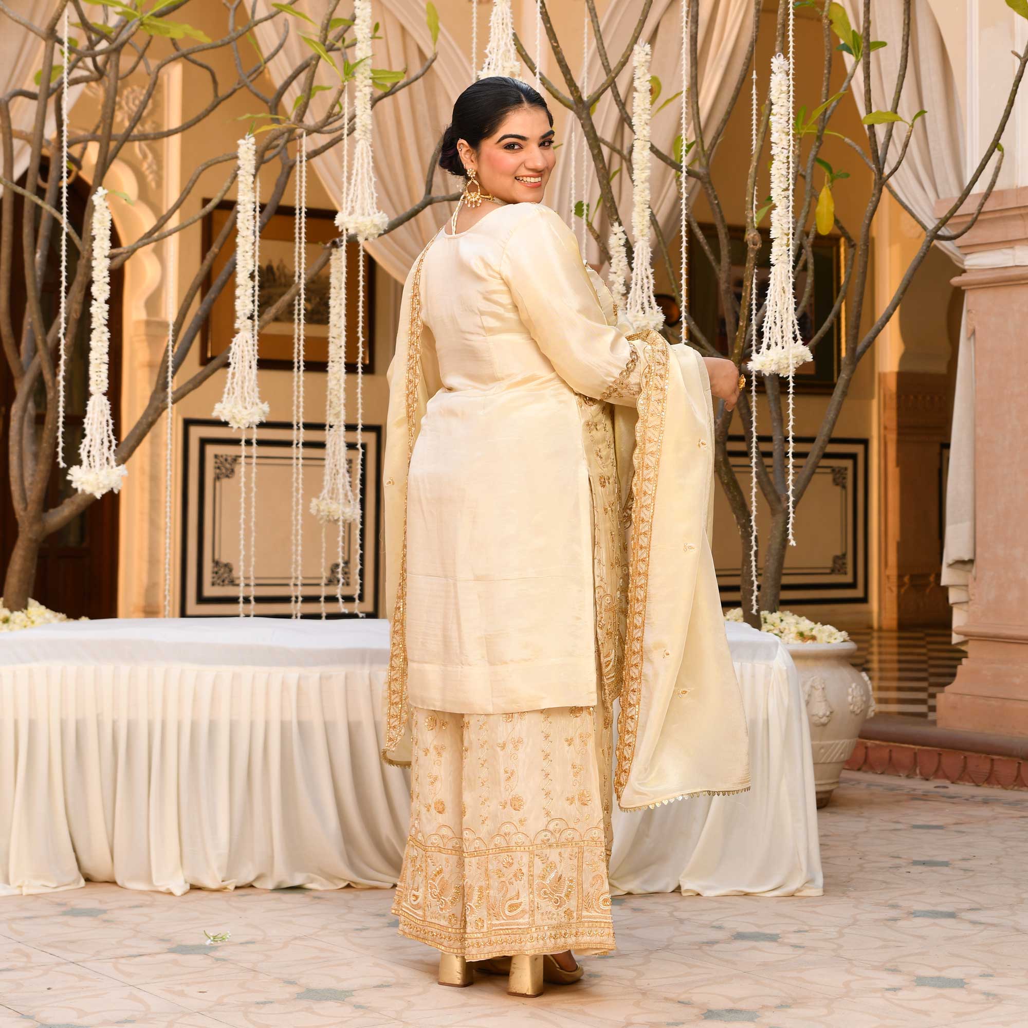 KALKI - Ivory & Gold Cutdana Embroidered Pure Tissue Silk Suit Set KALKI - Ivory & Gold Cutdana Embroidered Pure Tissue Silk Suit Set