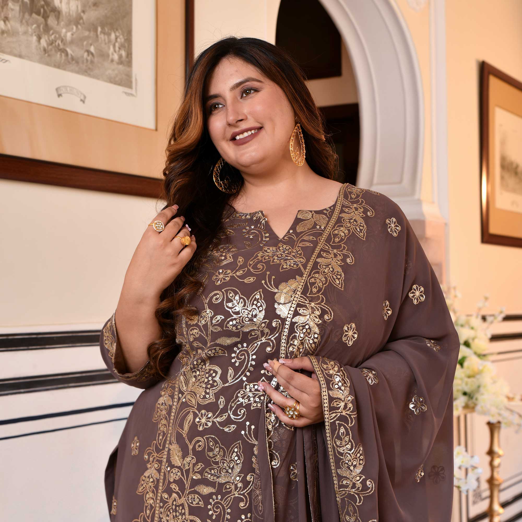 Ishani - Dusky Mauve Sequin Embroidered Georgette Suit Set