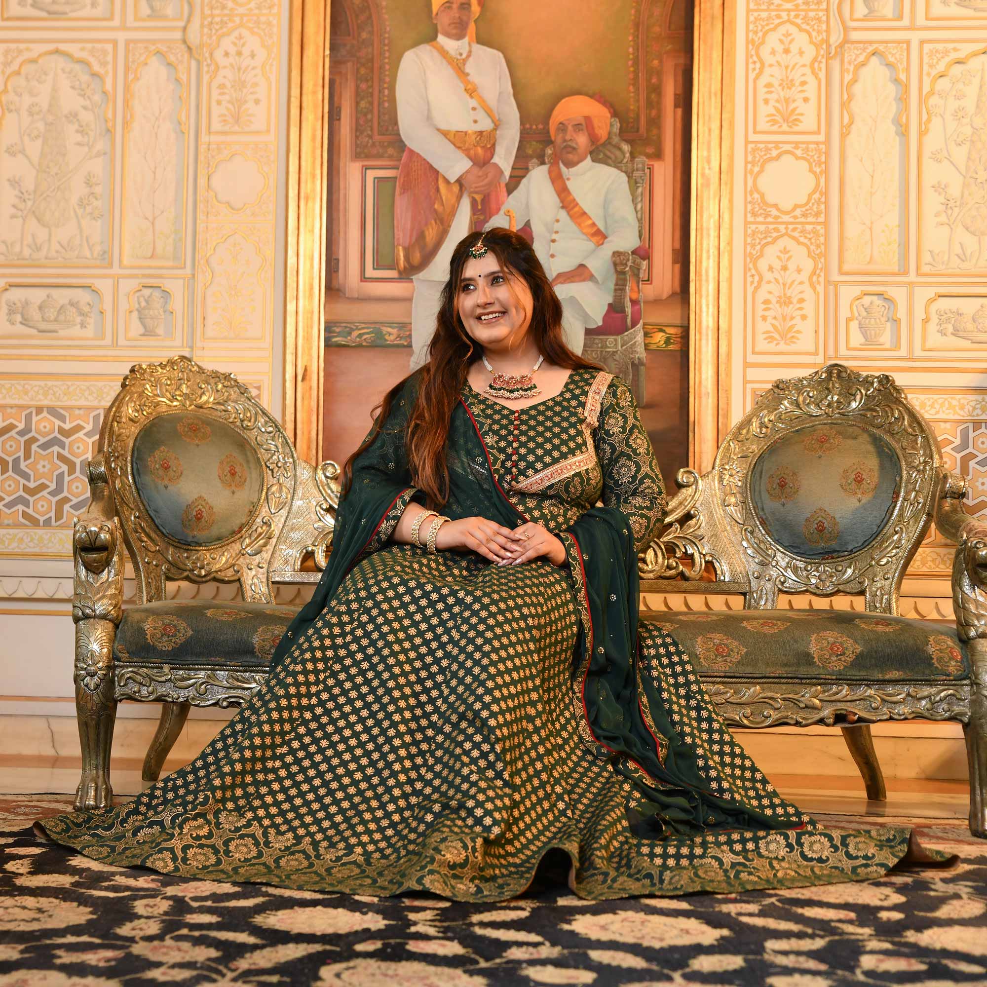 Sajda- Bottle Green & Gold Sequin Embroidered Cotton Anarkali