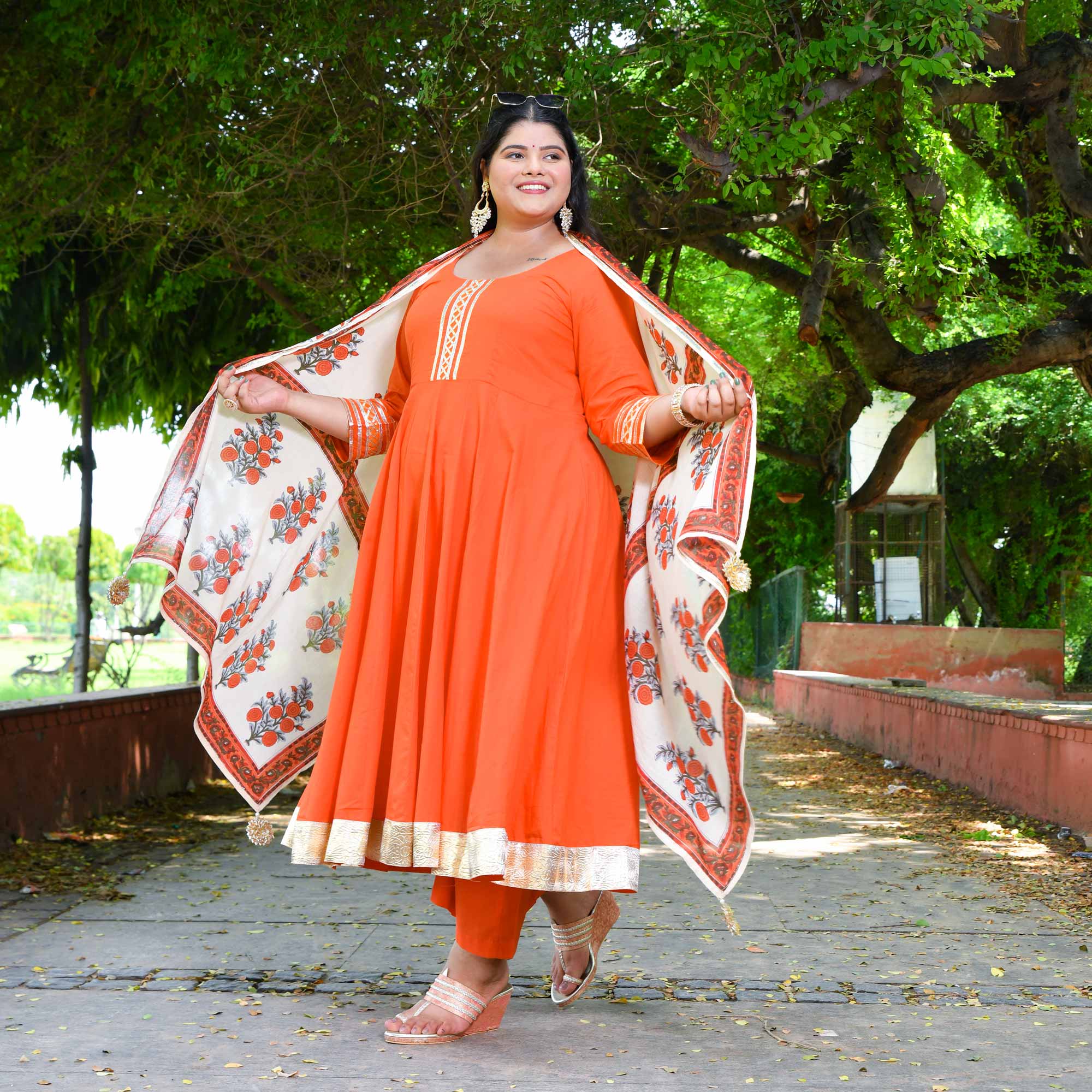 Tangerine Floral Cotton Anarkali Set Tangerine Floral Cotton Anarkali Set