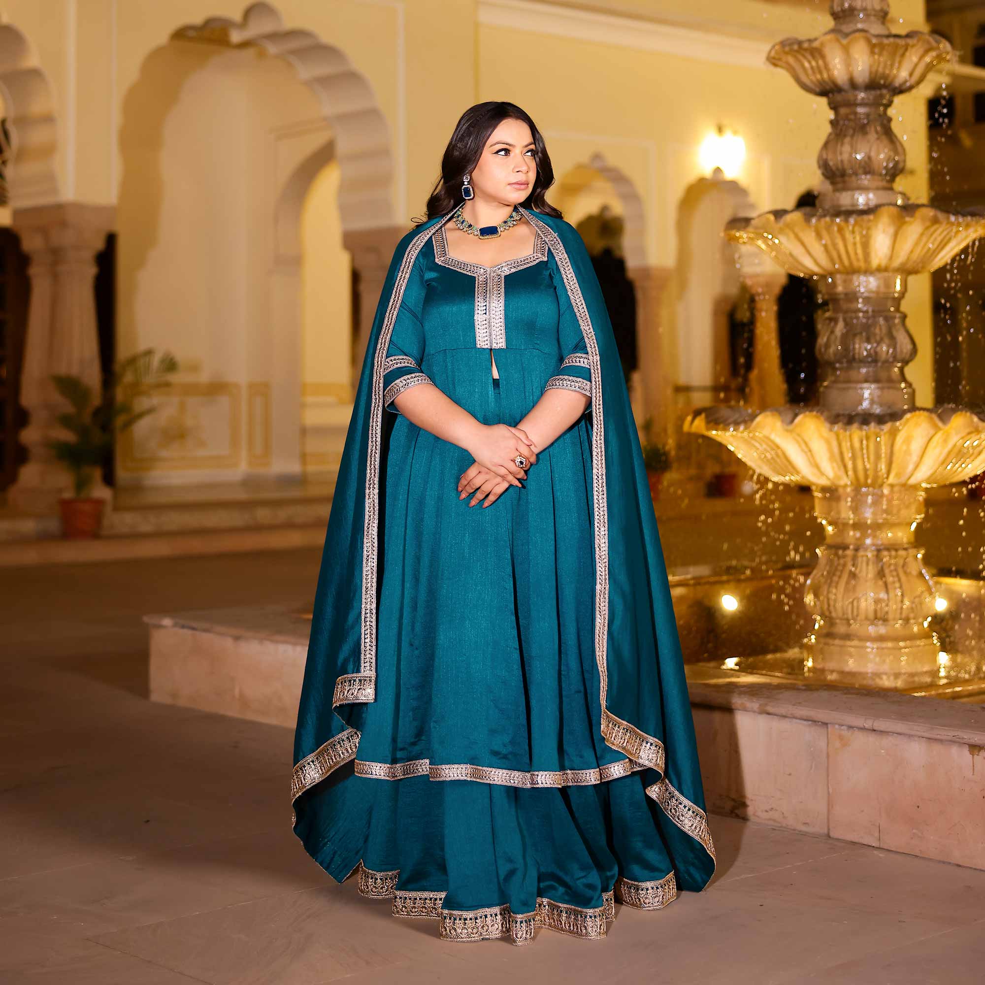 Kingfisher Blue Slit Anarkali Lehenga Set Kingfisher Blue Slit Anarkali Lehenga Set