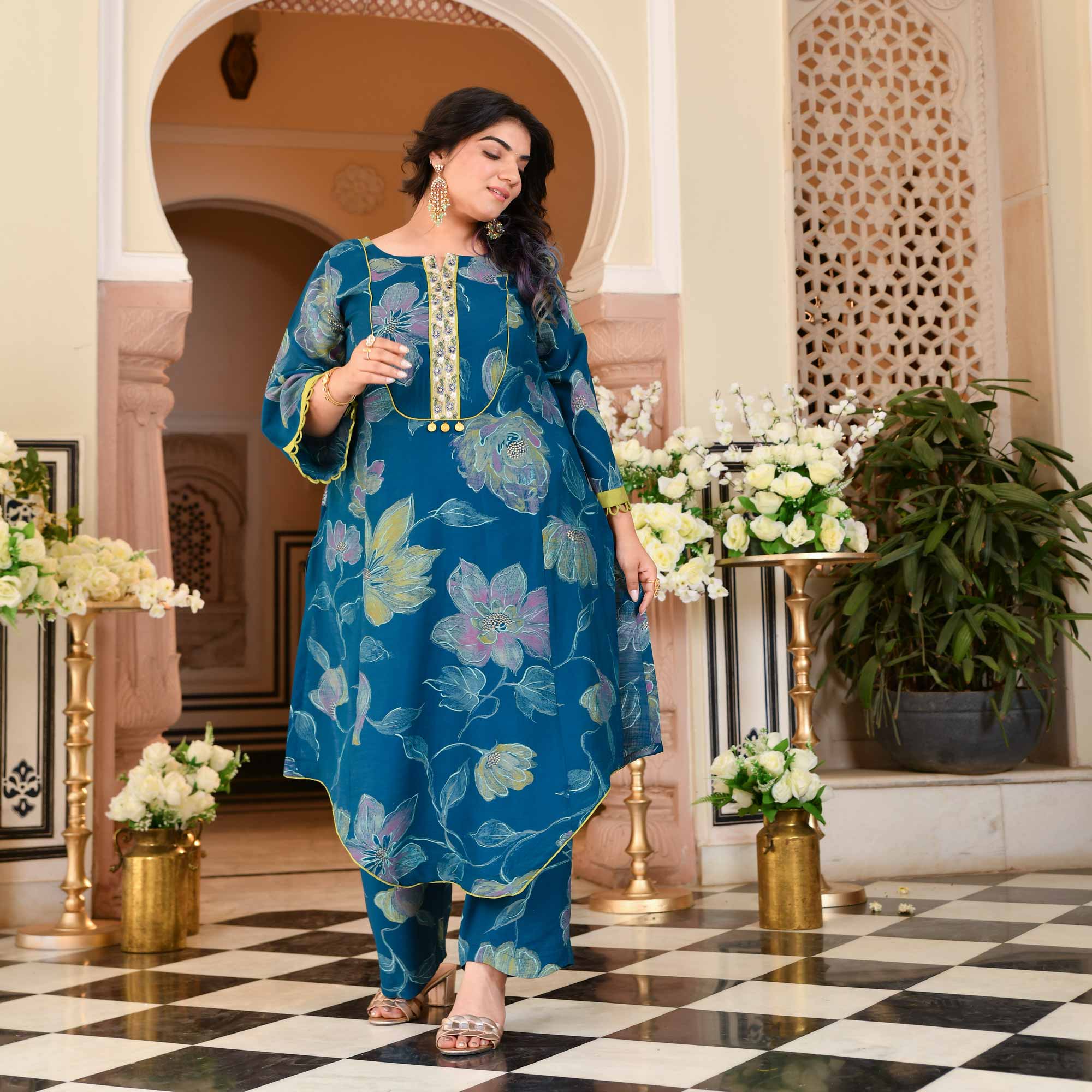 Charming Teal Floral Modal Viscose Aline Kurta Pant Set