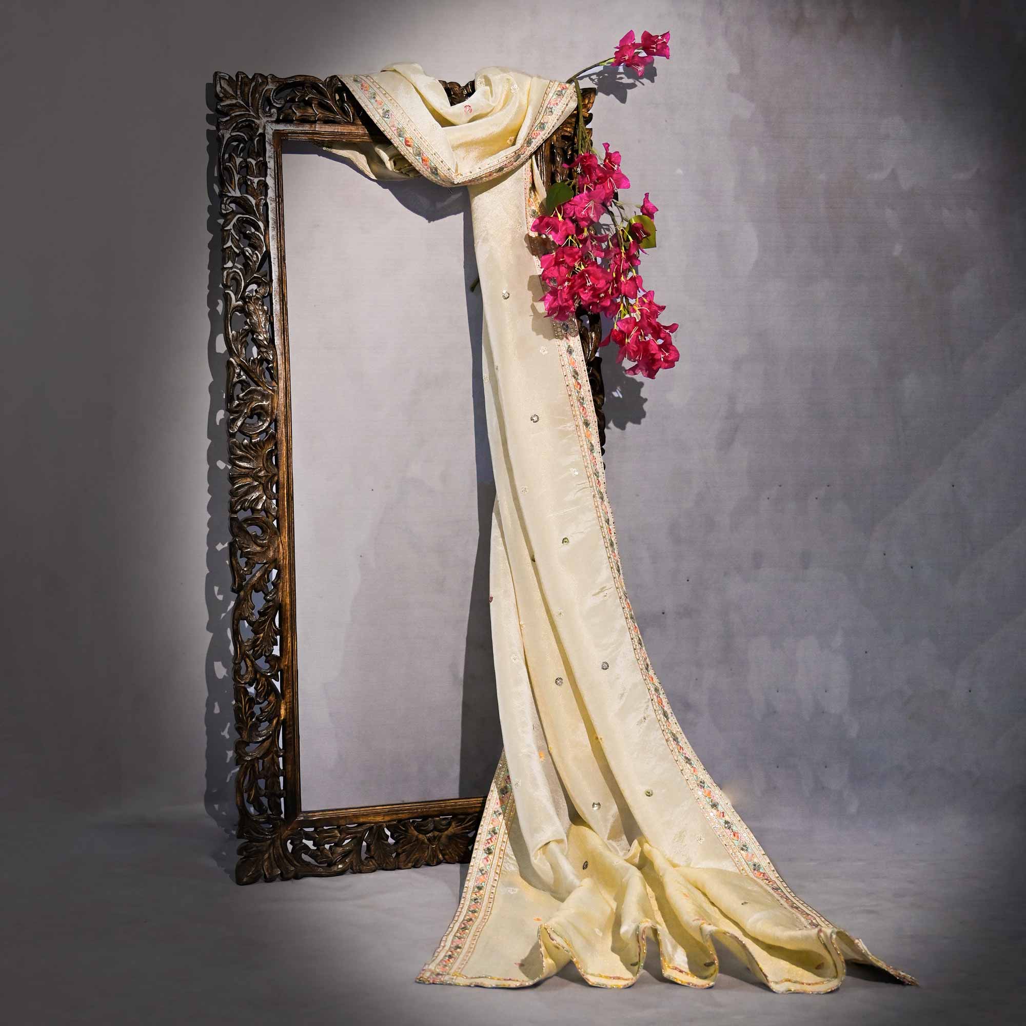 RAGINI Off-White & Gold Sequin Embroidered Pure Tissue Silk Anarkali Set RAGINI Off-White & Gold Sequin Embroidered Pure Tissue Silk Anarkali Set