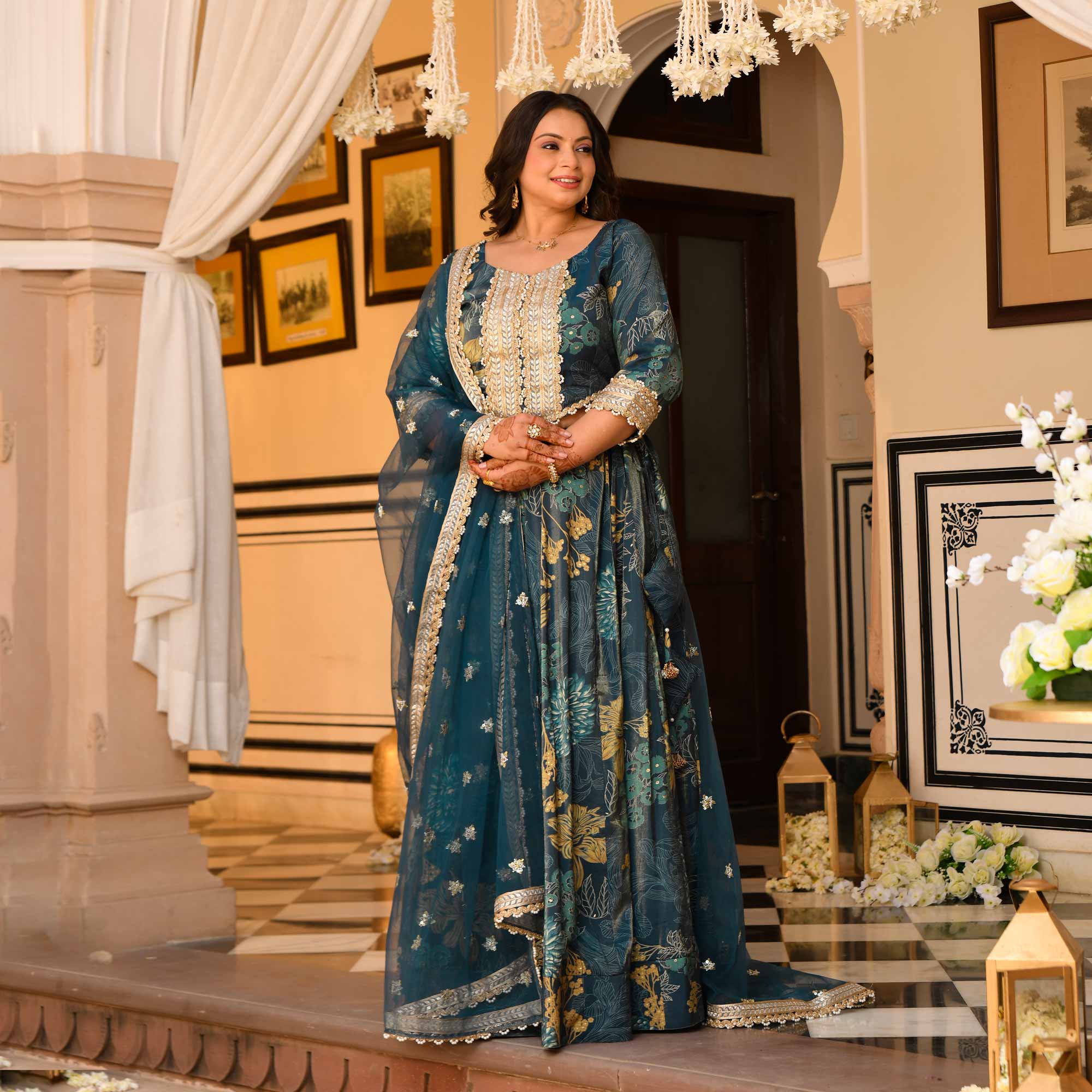 Lavish Lagoon Floral Tissue Silk Embroidered Lehenga Set Lavish Lagoon Floral Tissue Silk Embroidered Lehenga Set