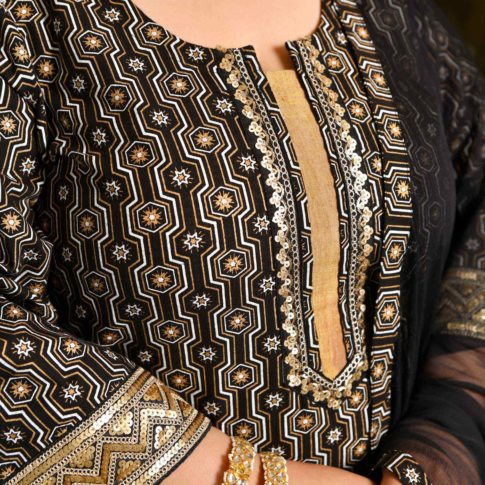 Jogi- Black & Gold Sequin Embroidered Cotton Suit Set