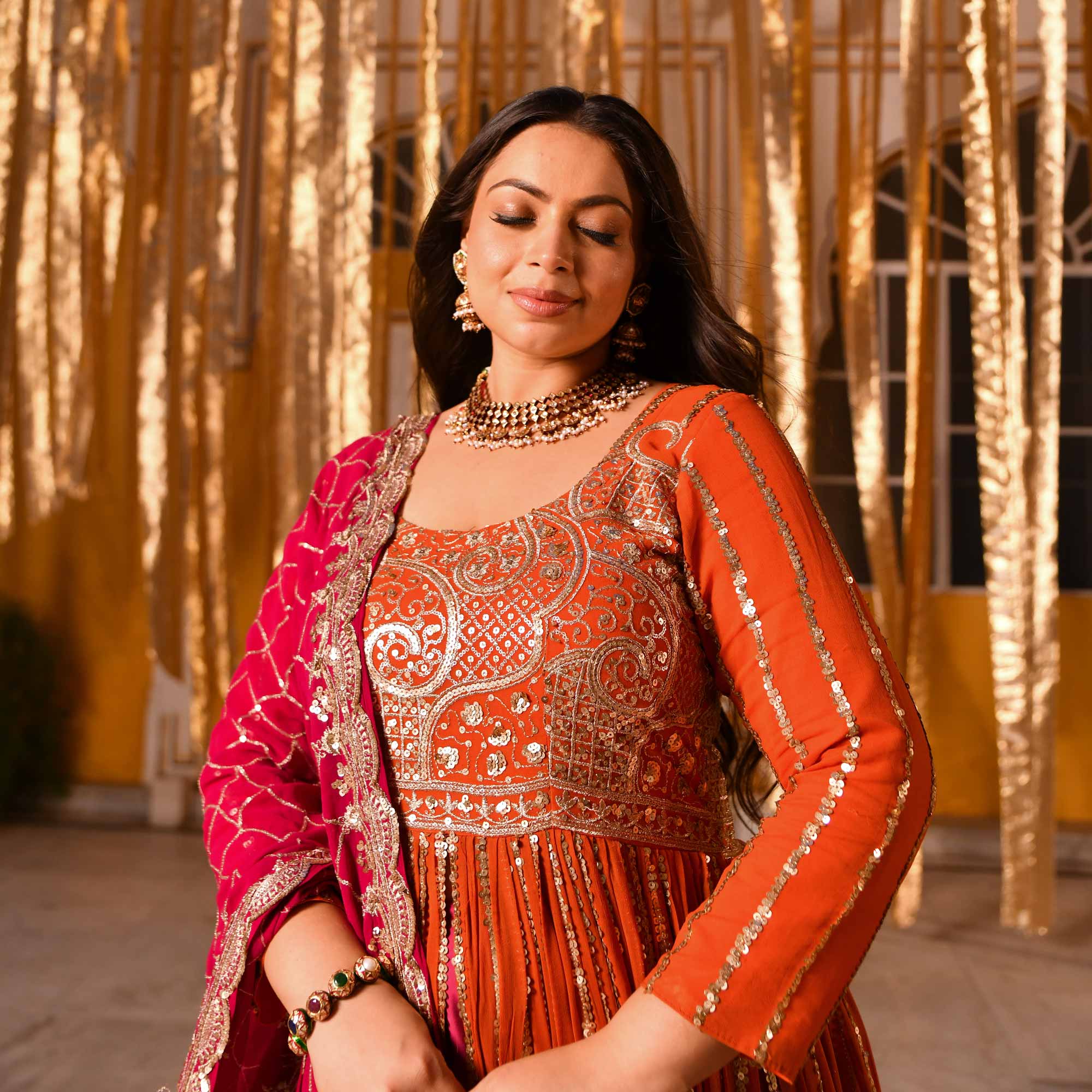 Rosette Royale - Rust Orange & Deep Pink Sequin Embroidered Pure georgette Anarkali Skirt Set Rosette Royale - Rust Orange & Deep Pink Sequin Embroidered Pure georgette Anarkali Skirt Set