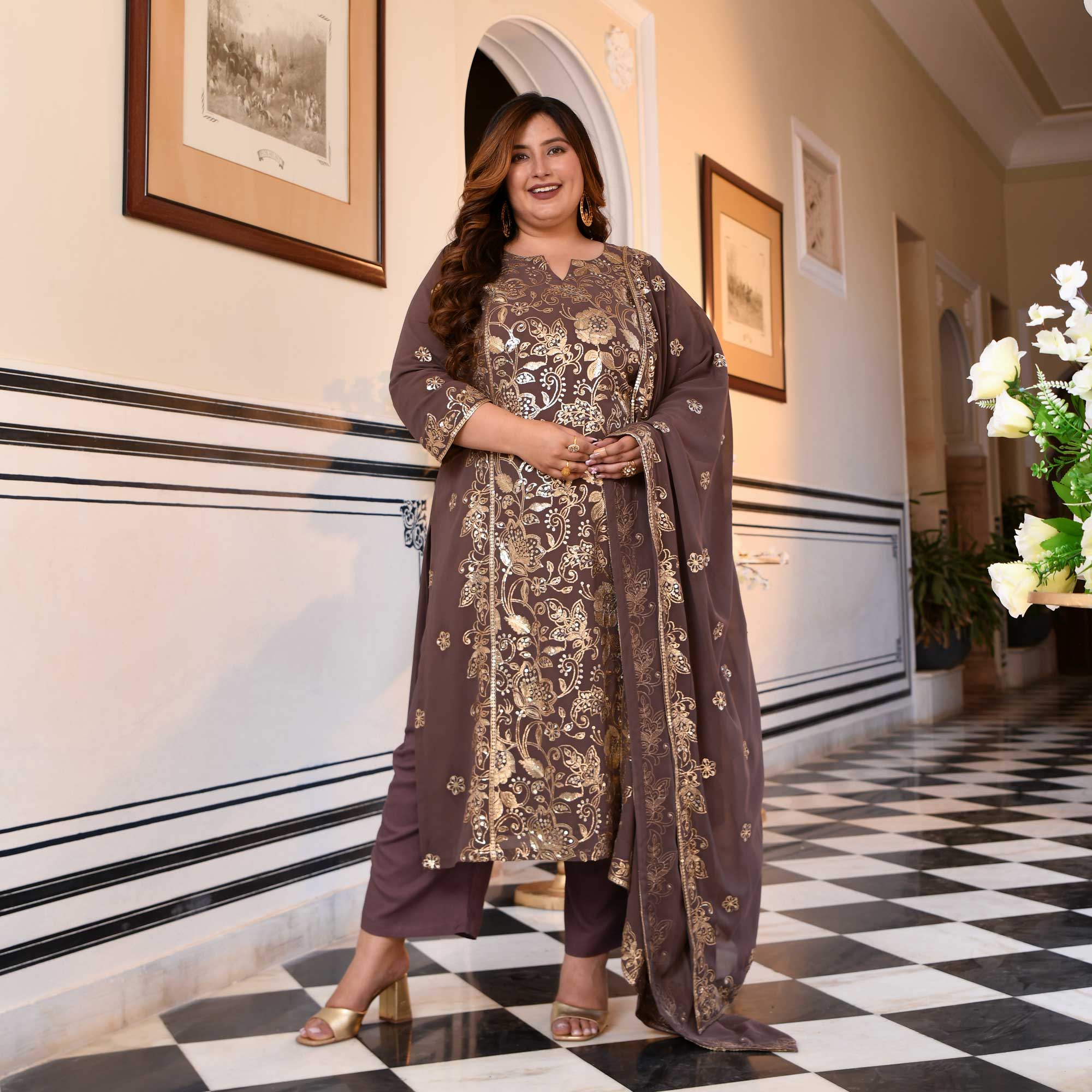 Ishani - Dusky Mauve Sequin Embroidered Georgette Suit Set