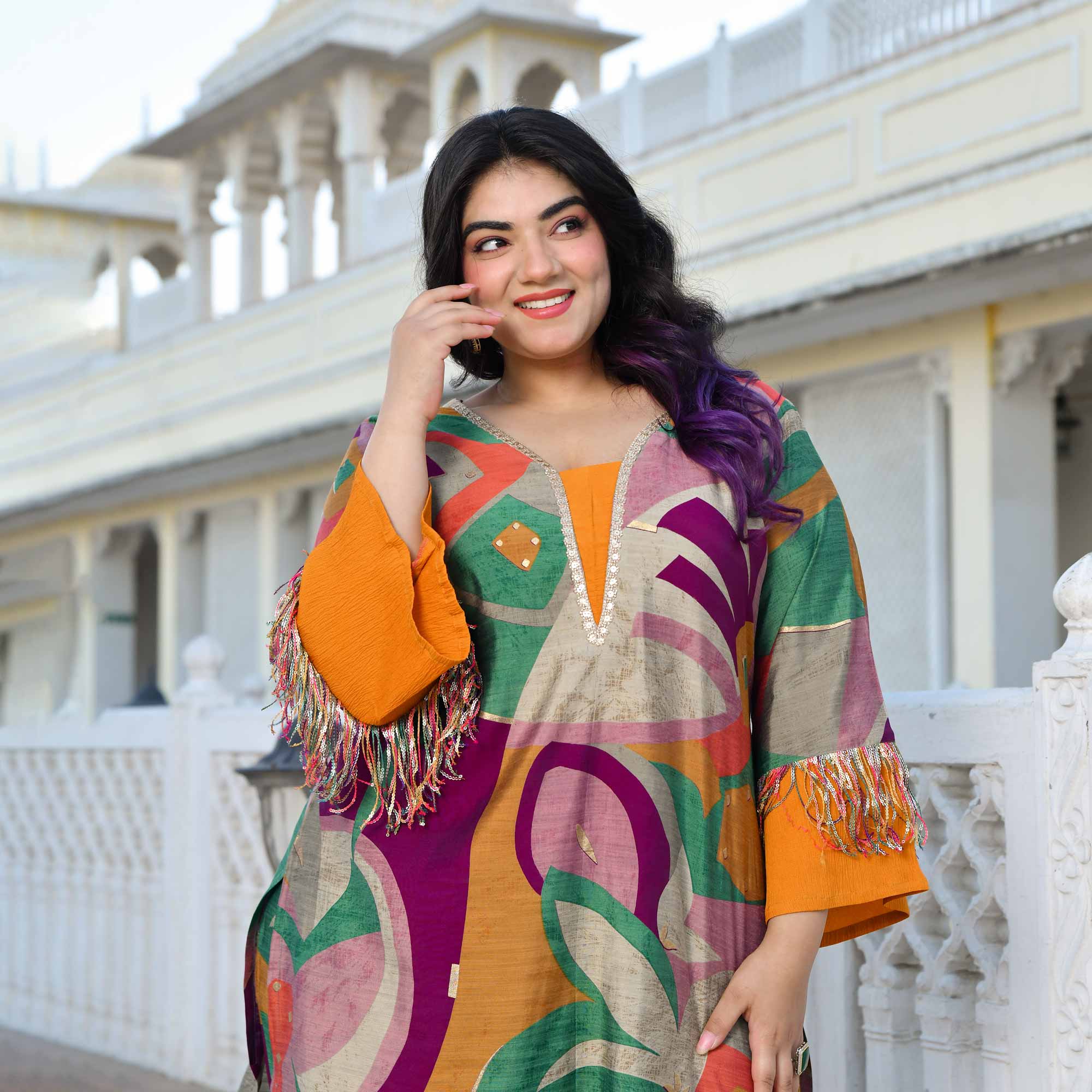 Pansy- Purple & Mustard Abstract Print Modal Viscose Blend Co-ord Set