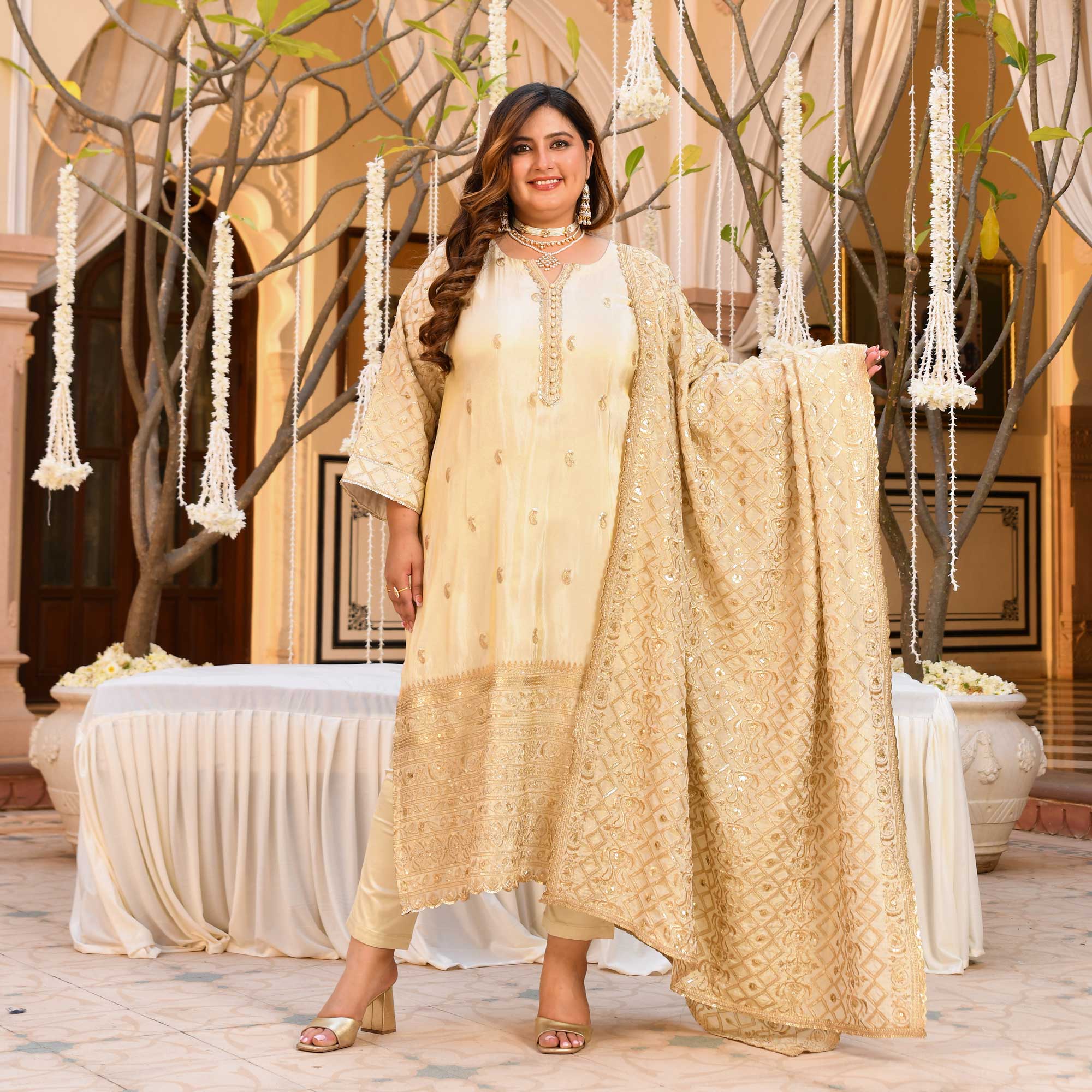 SAHIBA - Ivory & Gold Sequin Embroidered Pure Tissue Silk Suit Set