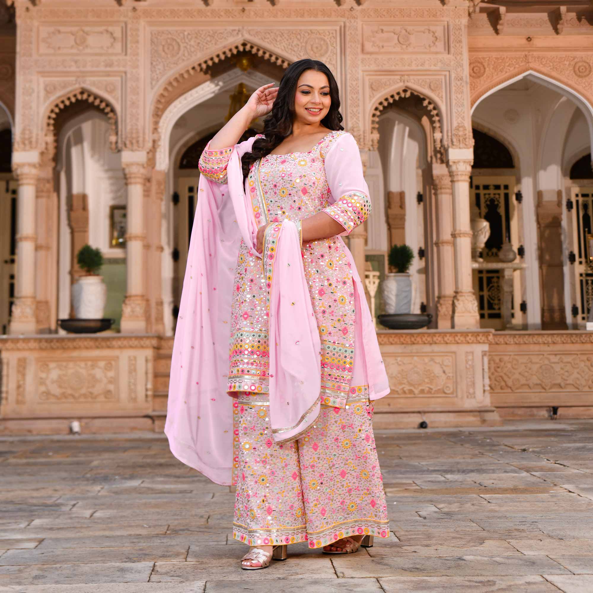 Jewel On Pink Georgette Mirror Embroidered Suit Set
