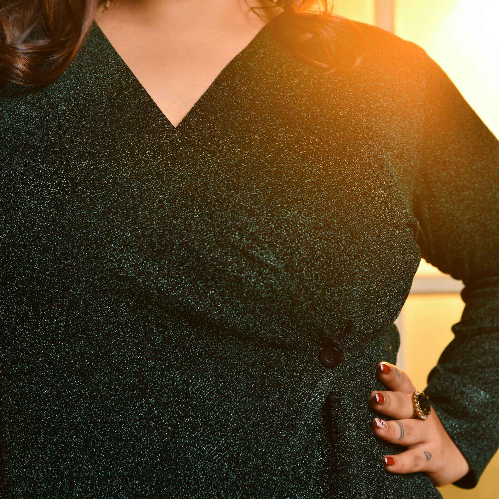 Canopy spark - Dark Green Shimmer Stretchable Aline Co-ord Set Canopy spark - Dark Green Shimmer Stretchable Aline Co-ord Set
