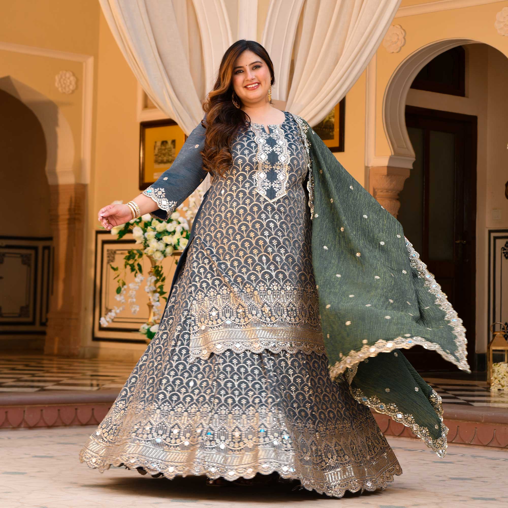 Leela - Slate Grey & Limed Ash Crushed Sequin Embroidered Pure Tissue Silk Skirt Set