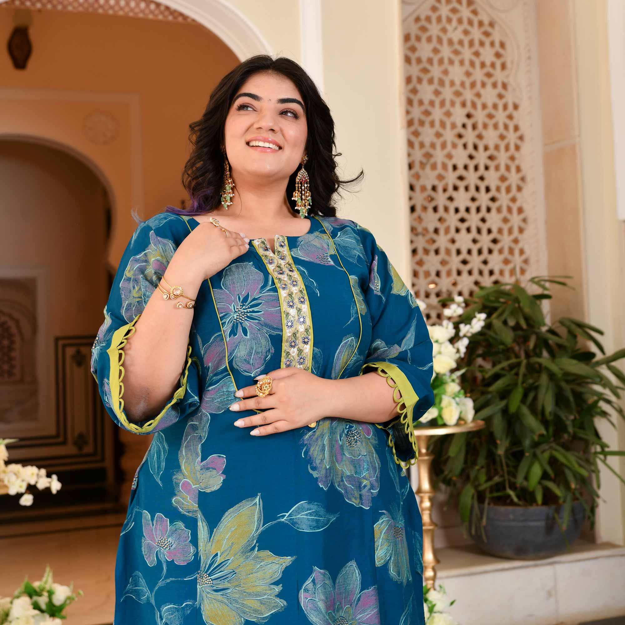 Charming Teal Floral Modal Viscose Aline Kurta Pant Set