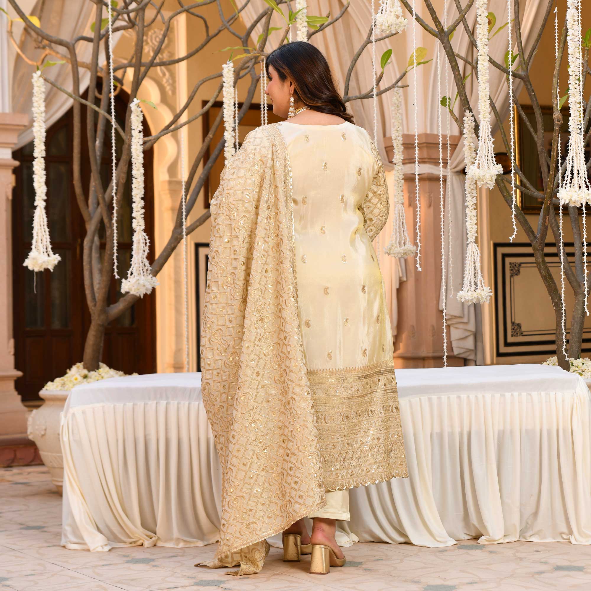 SAHIBA - Ivory & Gold Sequin Embroidered Pure Tissue Silk Suit Set