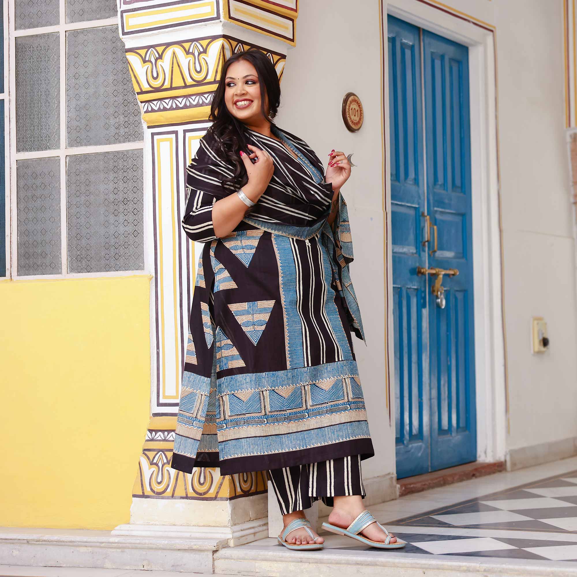 Black Ink & Azure Triangle Ajrakh Cotton Suit Set Black Ink & Azure Triangle Ajrakh Cotton Suit Set