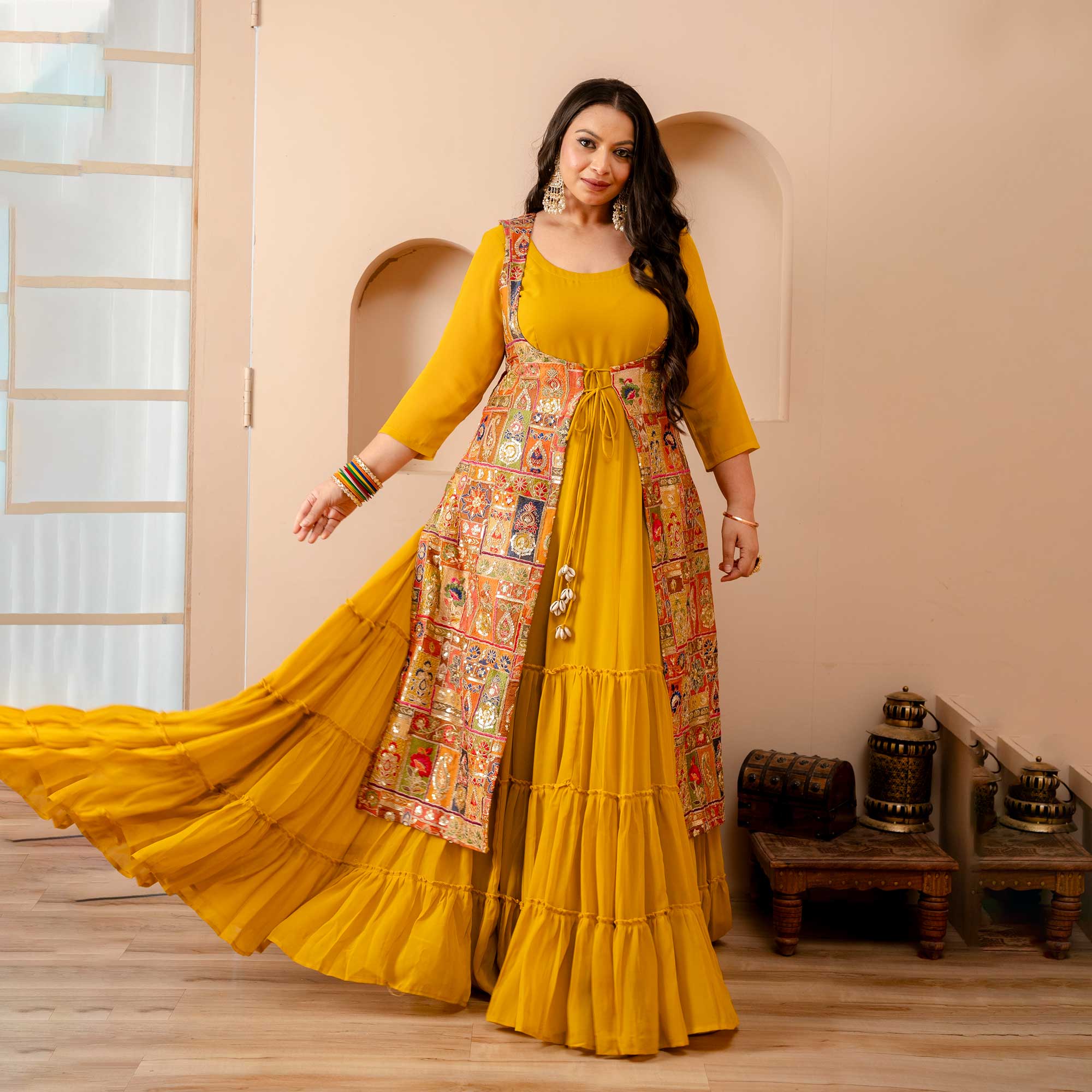 Royal Glow Tiered Dress With Embroidered Cape Royal Glow Tiered Dress With Embroidered Cape