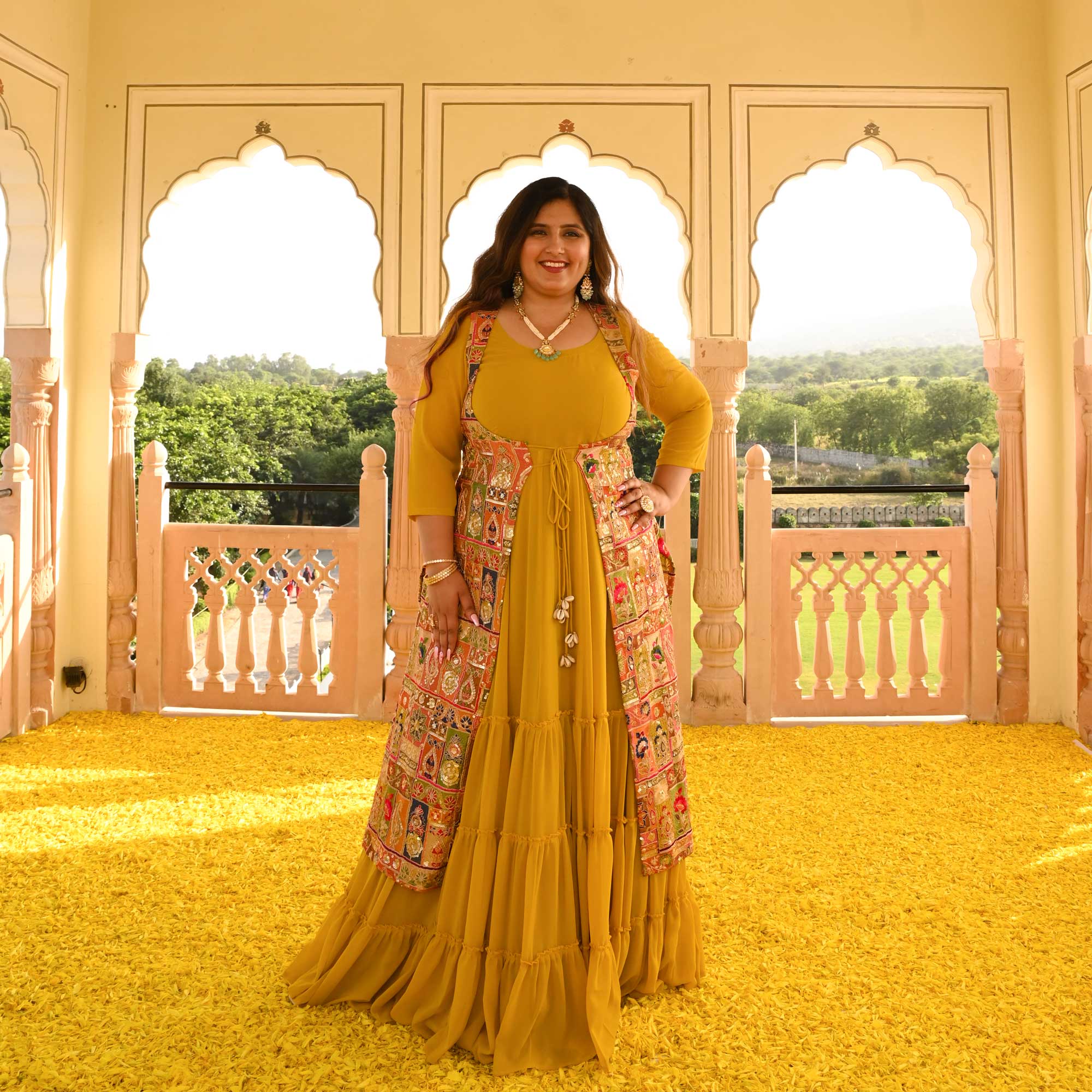 Royal Glow Tiered Dress With Embroidered Cape Royal Glow Tiered Dress With Embroidered Cape
