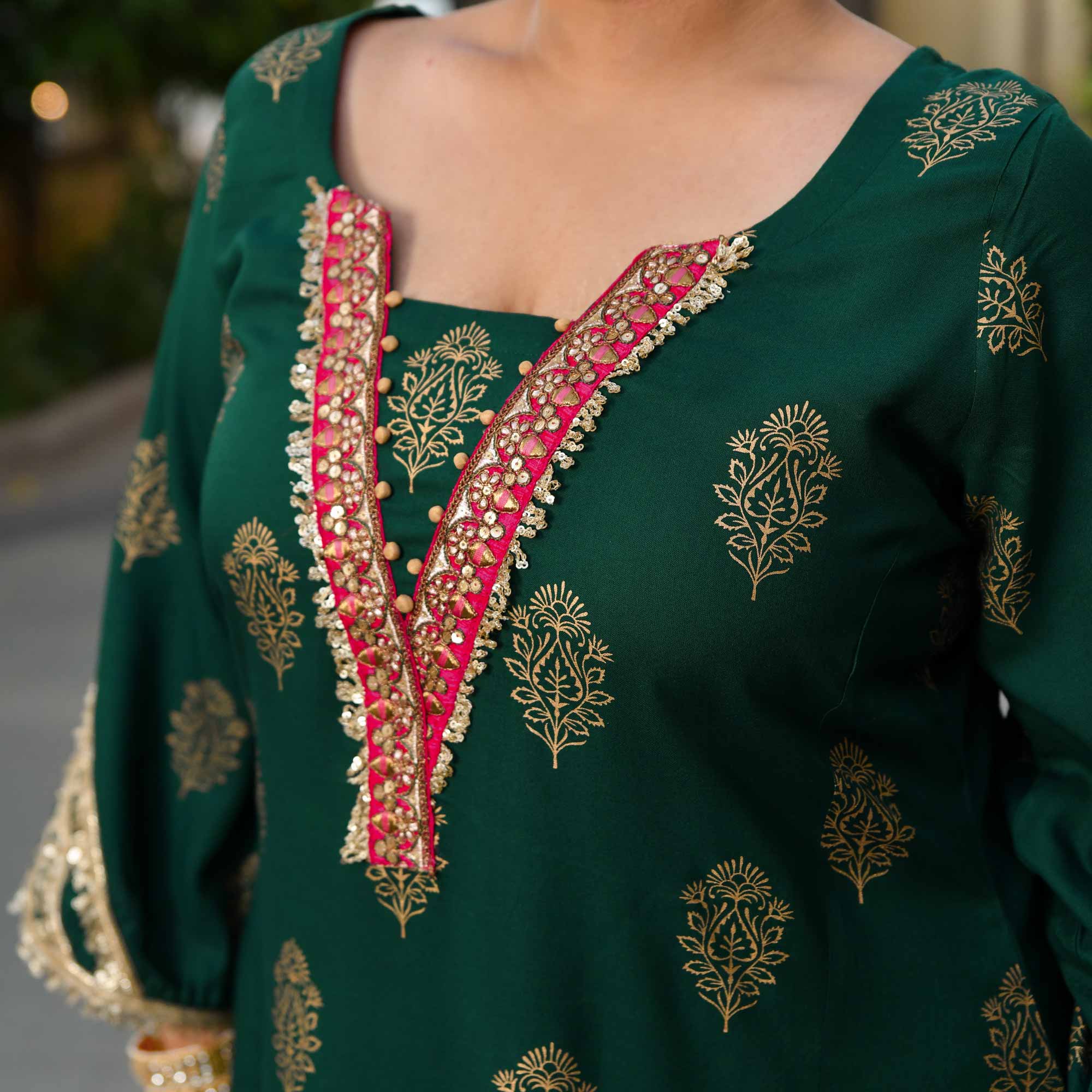 Rasiya - Green & Gold Block Printed Rayon Princess Line Kurta