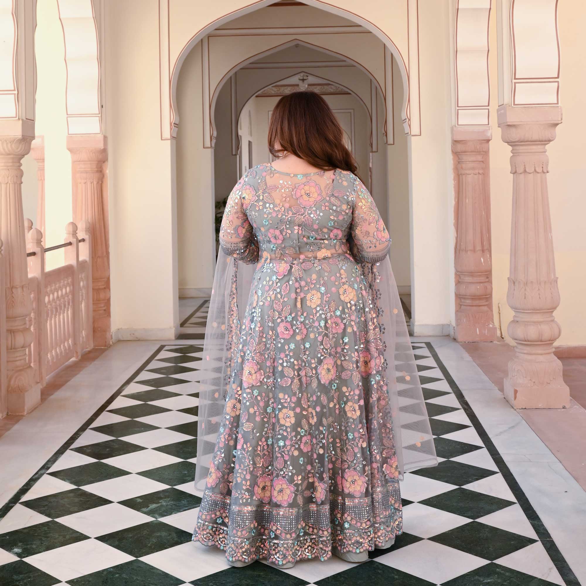Silver Luster Floral Sequin Embroidered Net Cape Set Silver Luster Floral Sequin Embroidered Net Cape Set