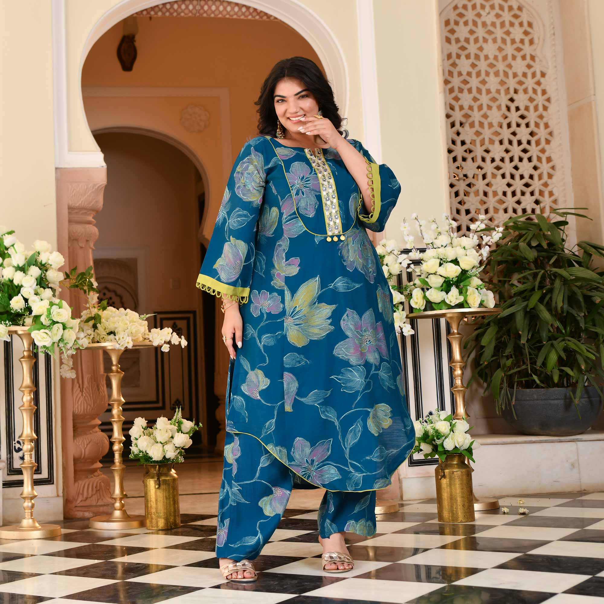 Charming Teal Floral Modal Viscose Aline Kurta Pant Set