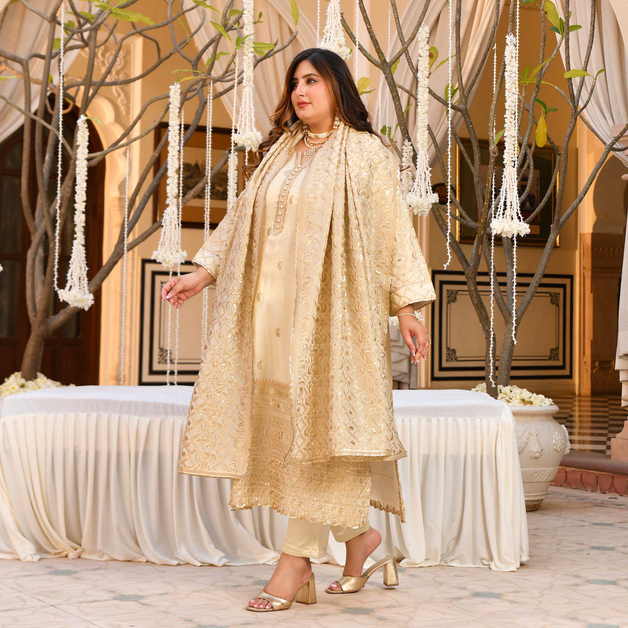 SAHIBA - Ivory & Gold Sequin Embroidered Pure Tissue Silk Suit Set