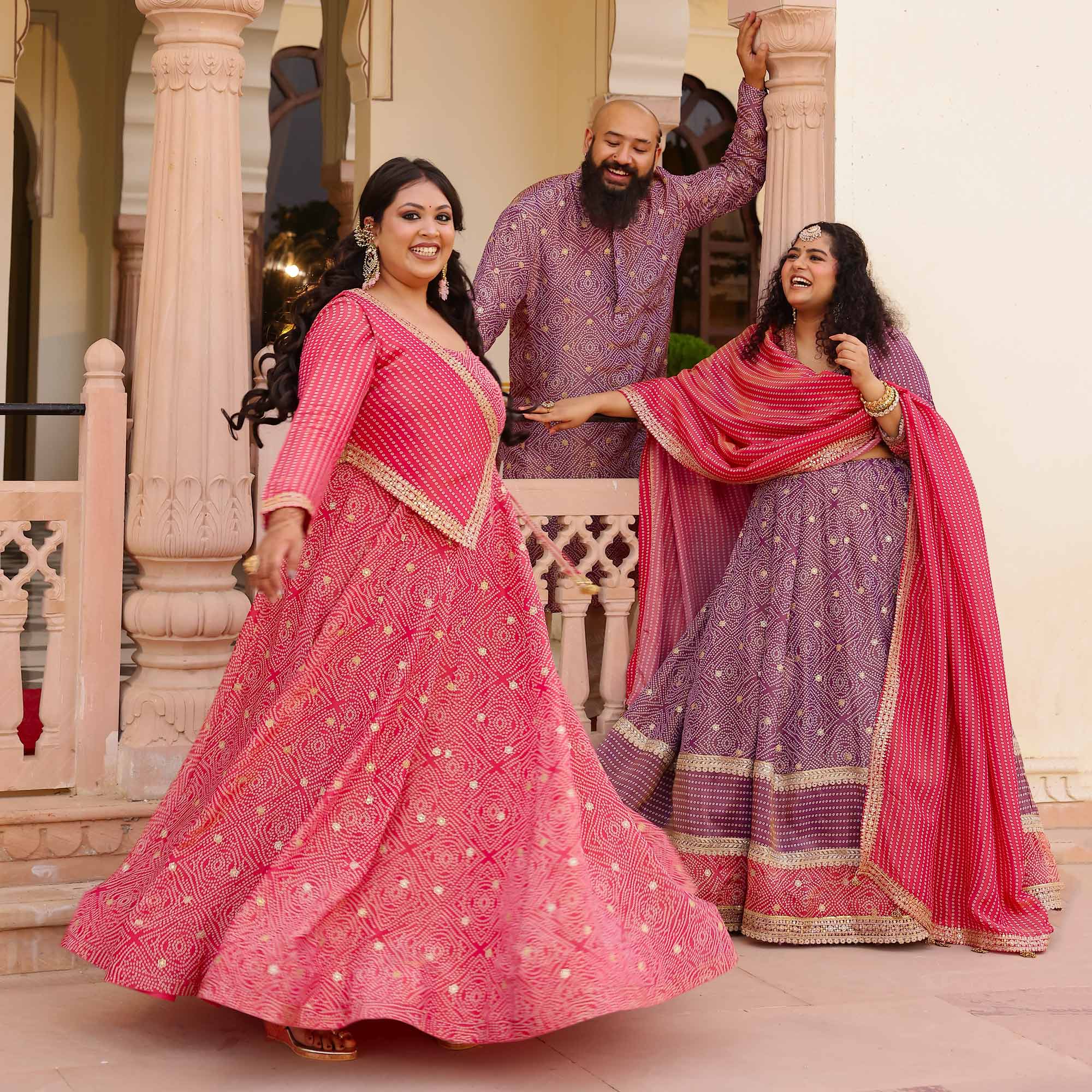 Blushing Hibiscus Bandhani Pure Tissue Silk Anarkali With Asymmetrical Cape