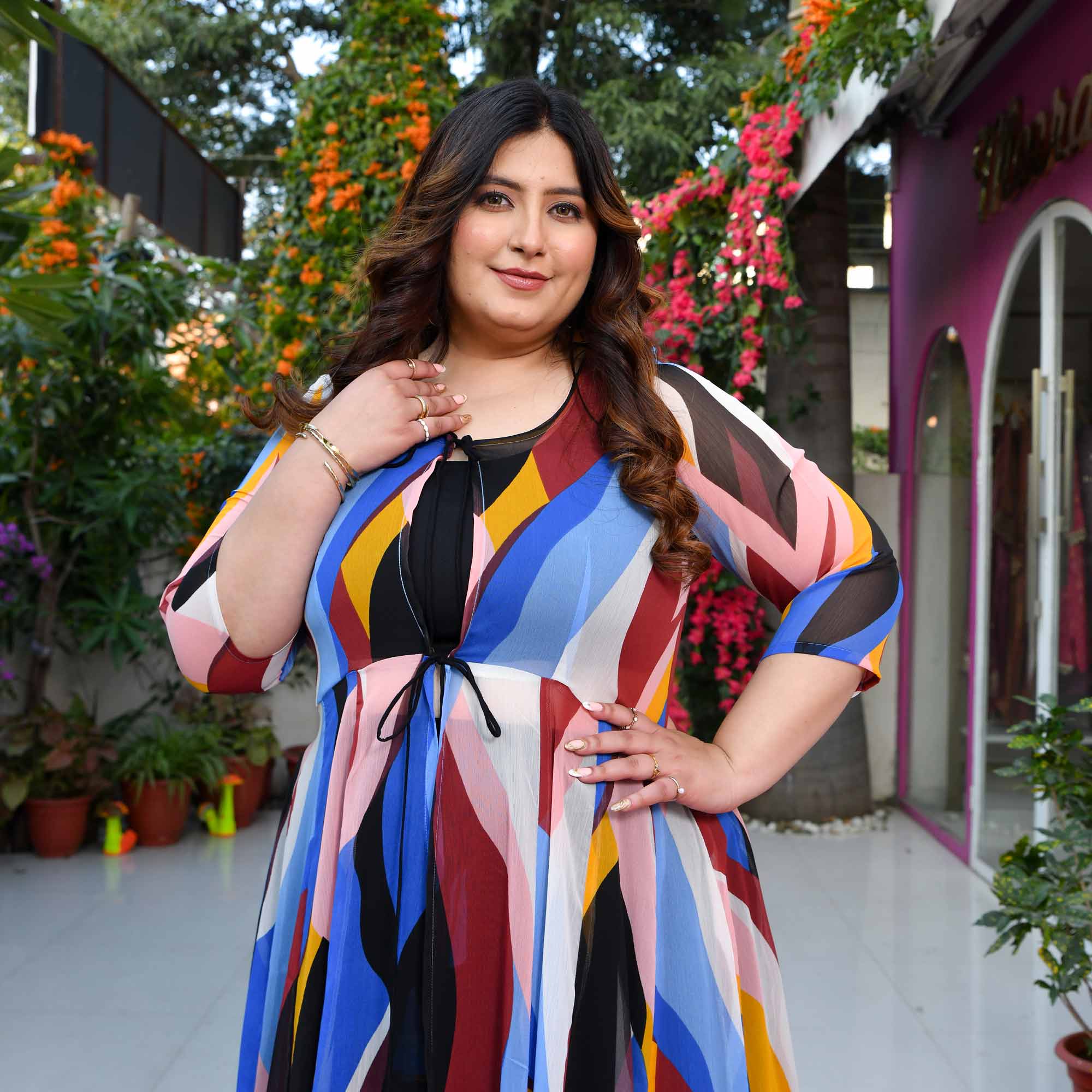 London- Black & Mustard Flowy Georgette Cape Set