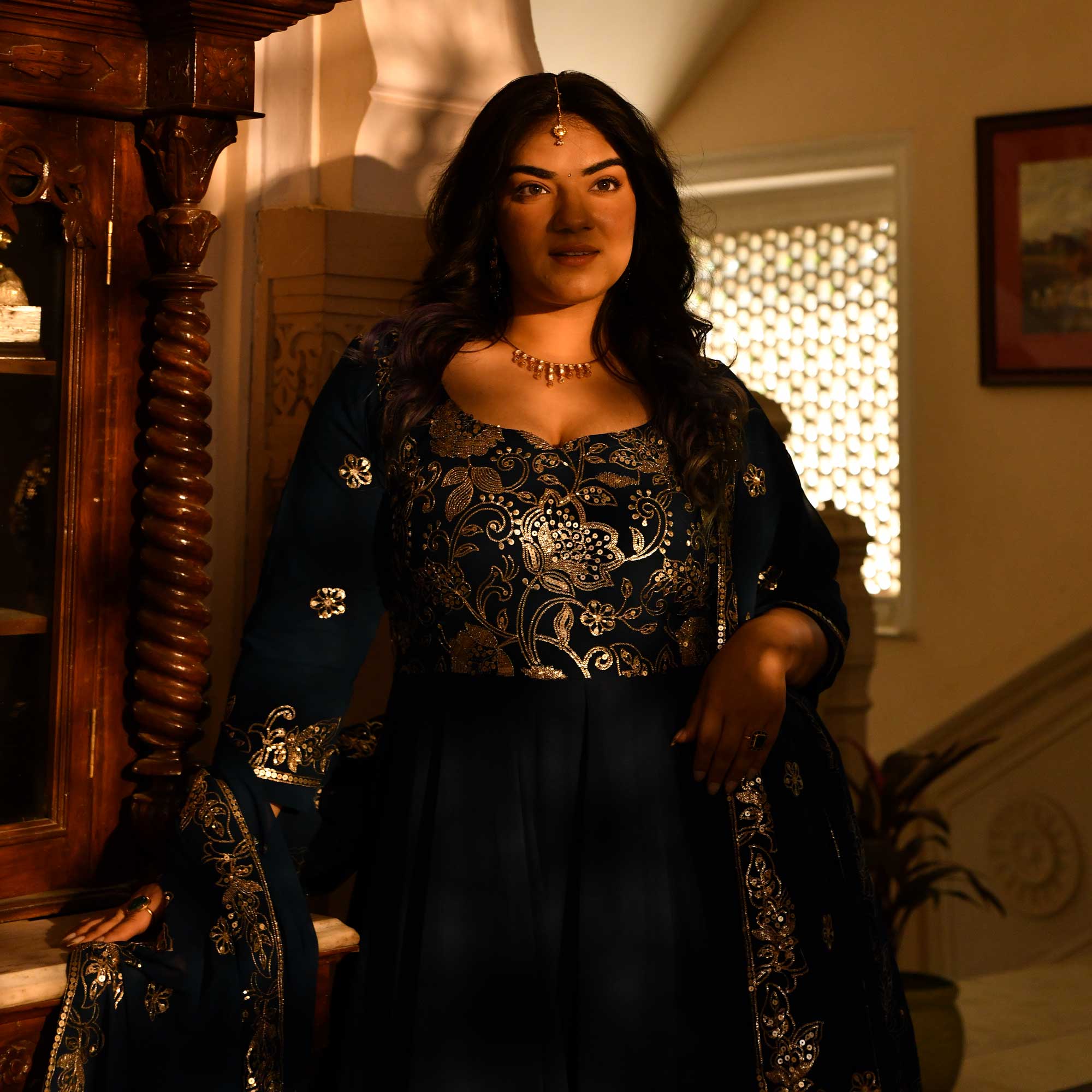Jahnvi - Deep Prussian Blue Sequin Embroidered Georgette Anarkali Set