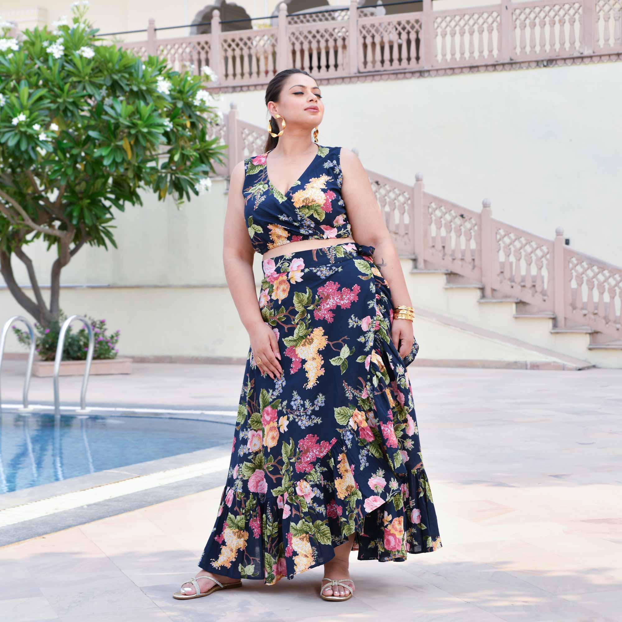 Evening Rose Cotton Wrap Skirt Top Set (Blue)