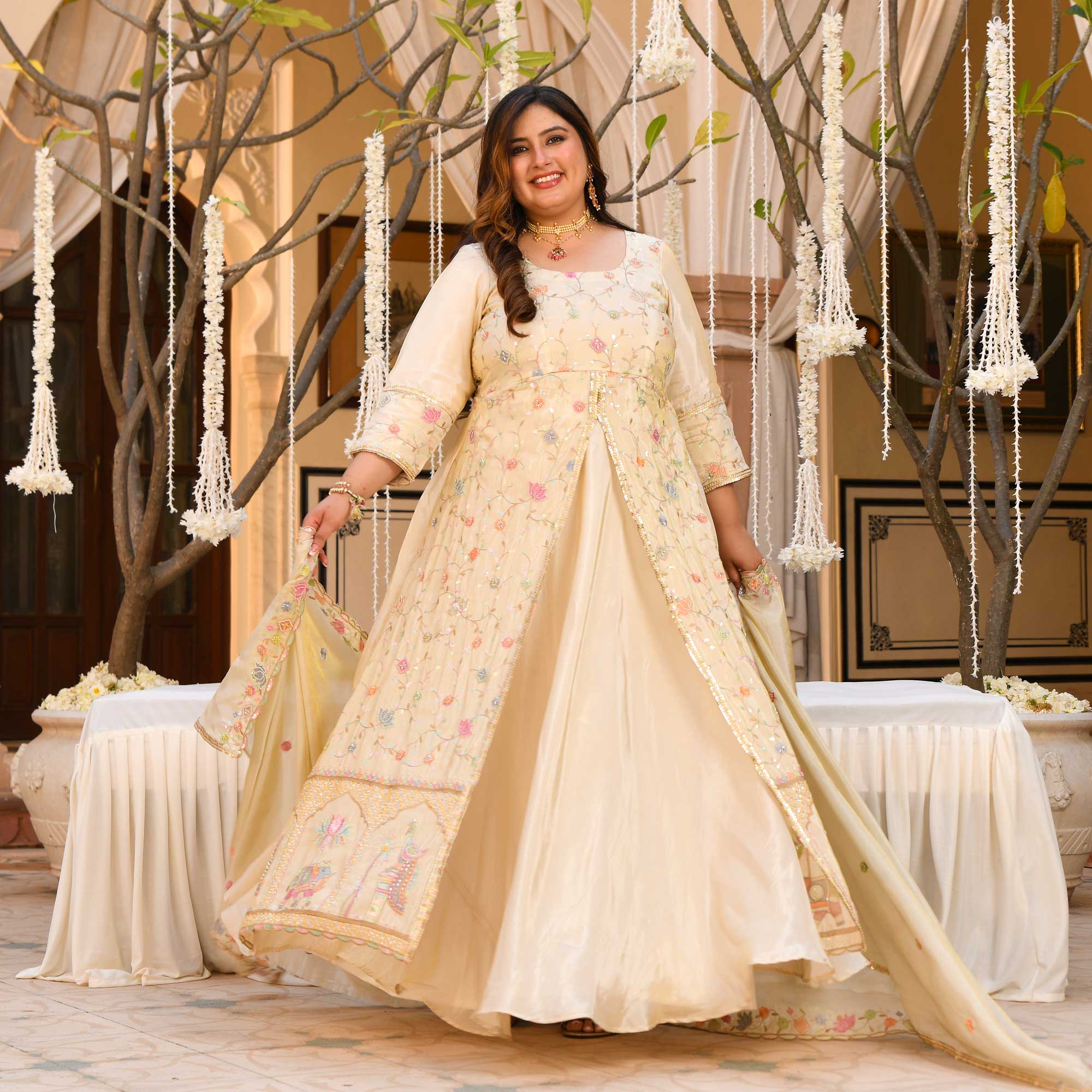 PAALKI - Ivory Cutdana Embroidered Pure Tissue Silk Anarkali
