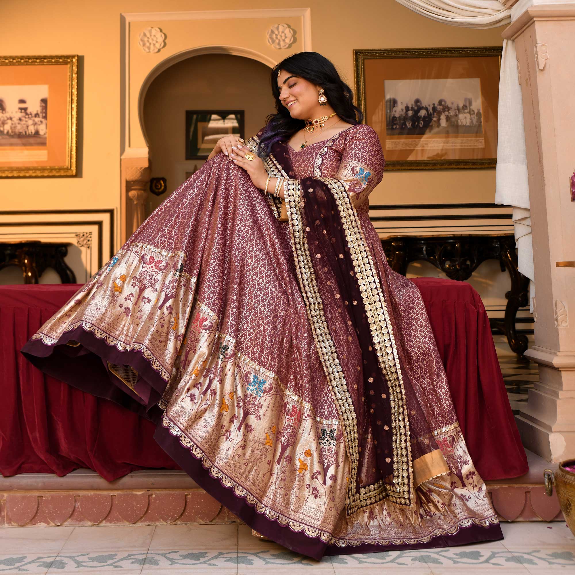 Arunima - Deep Wine Banarasi Silk Anarkali Set Arunima - Deep Wine Banarasi Silk Anarkali Set