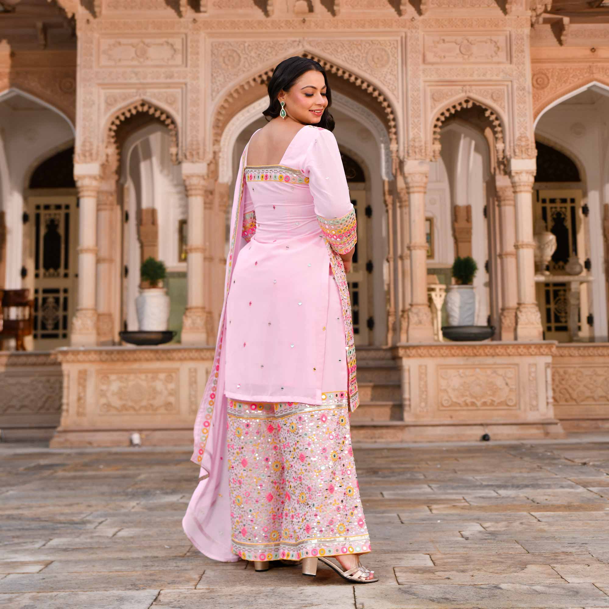 Jewel On Pink Georgette Mirror Embroidered Suit Set