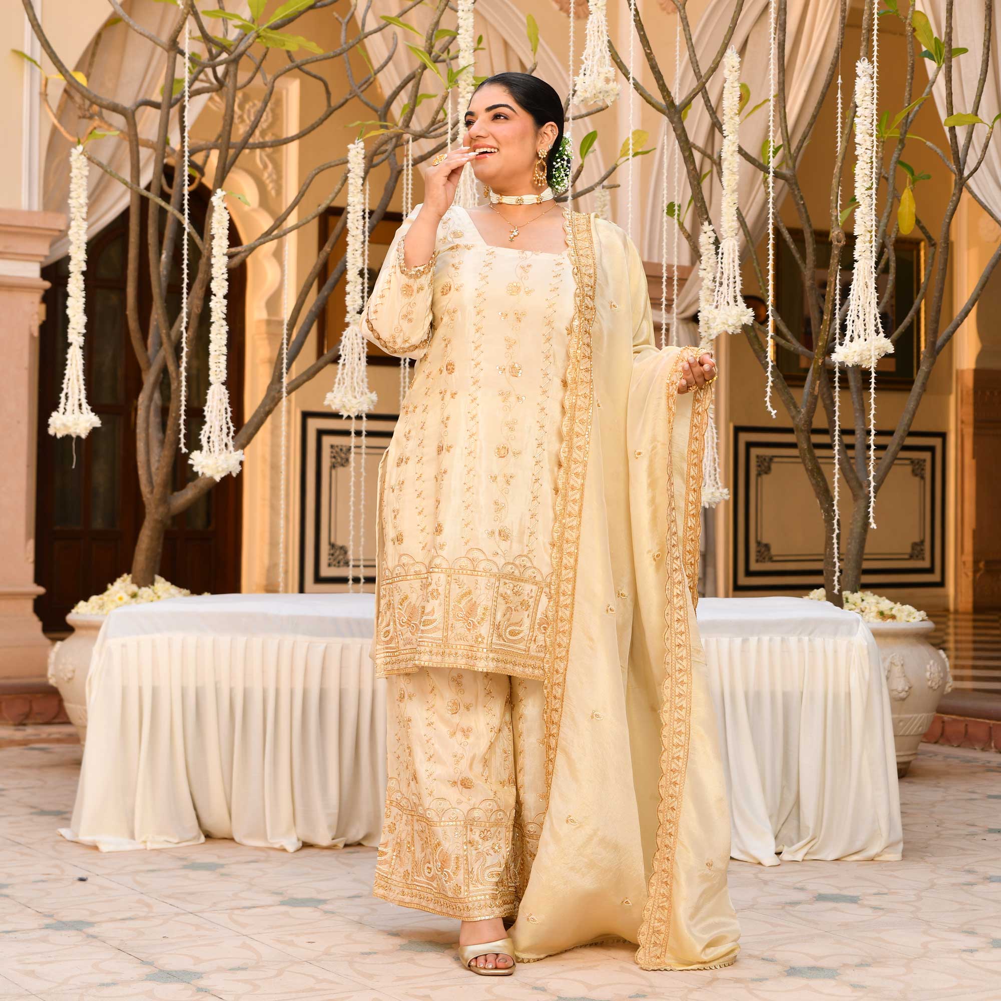 KALKI - Ivory & Gold Cutdana Embroidered Pure Tissue Silk Suit Set KALKI - Ivory & Gold Cutdana Embroidered Pure Tissue Silk Suit Set