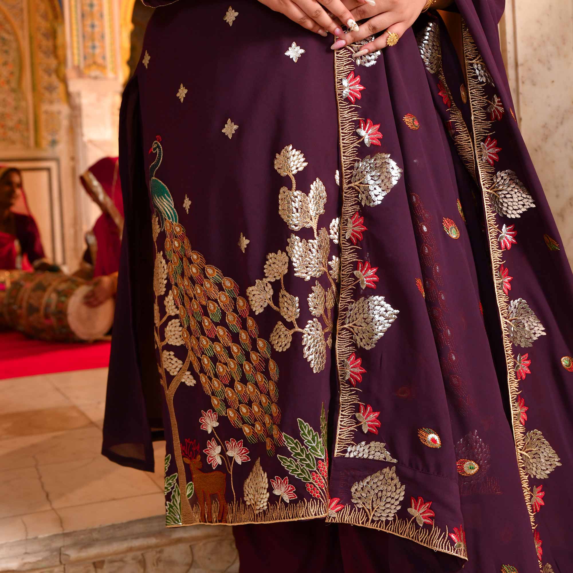 Gulnaar- Wine Embroidered Georgette Suit Set