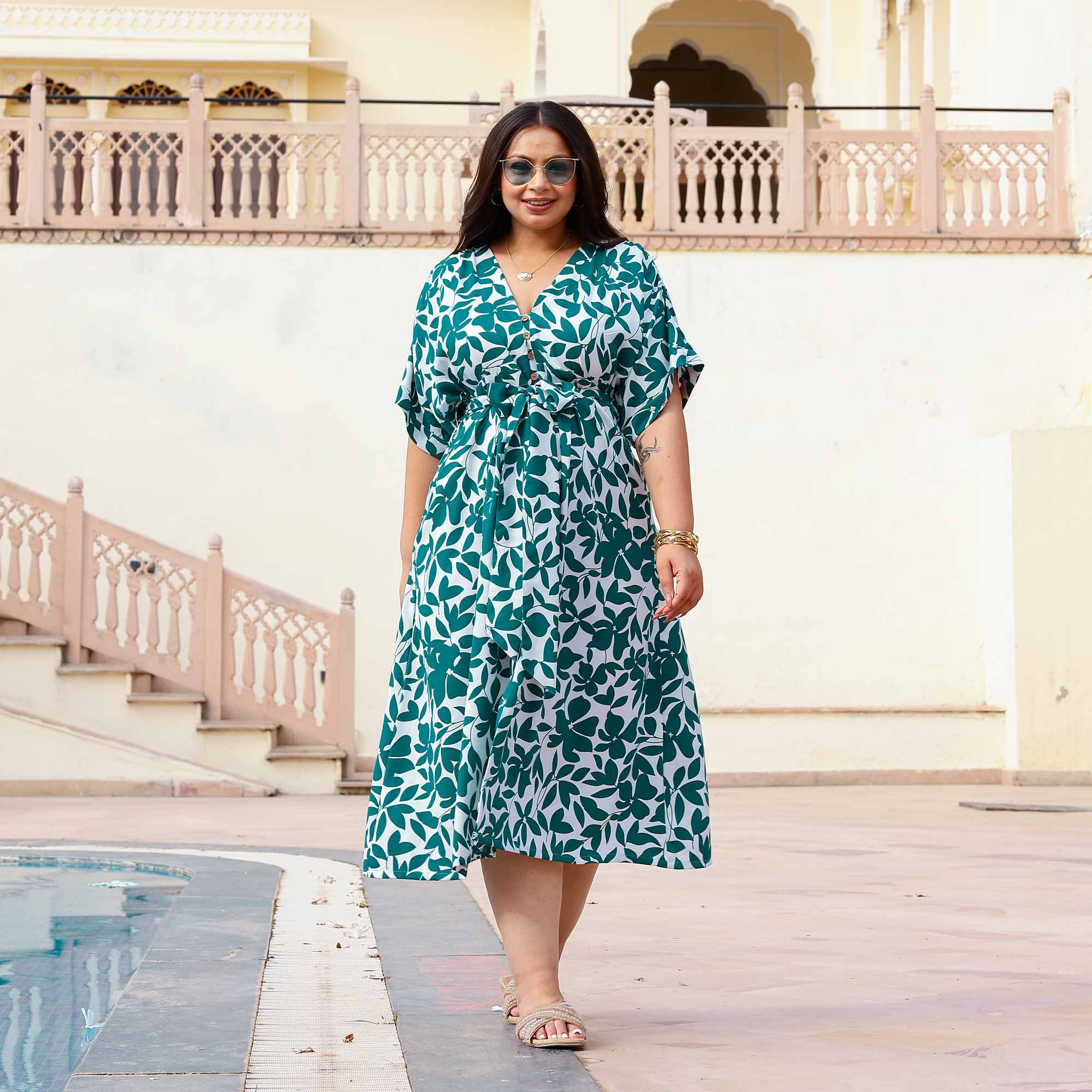 Leafy Delight Moss Crepe Aline Dress