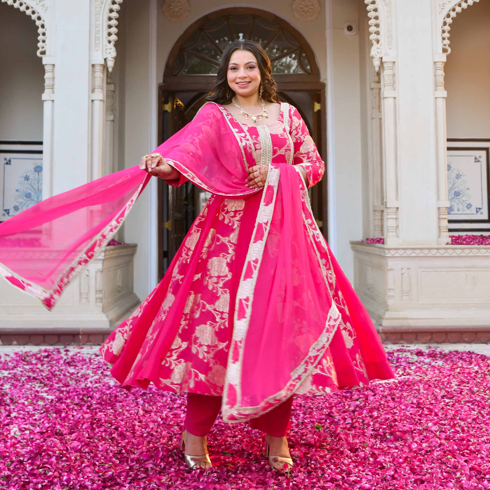 Pankhuri - Deep Pink Banarasi Pure Georgette Anarkali Set Pankhuri - Deep Pink Banarasi Pure Georgette Anarkali Set