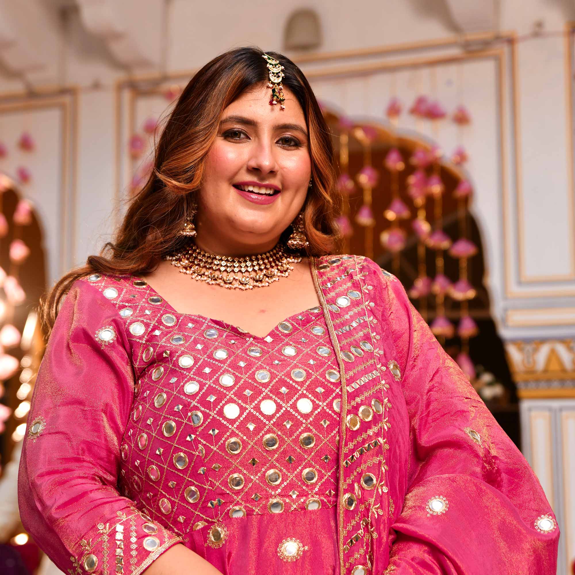 Dazzling Peony -Deep Pink Pure Tissue Silk Embroidered Anarkali Set Dazzling Peony -Deep Pink Pure Tissue Silk Embroidered Anarkali Set