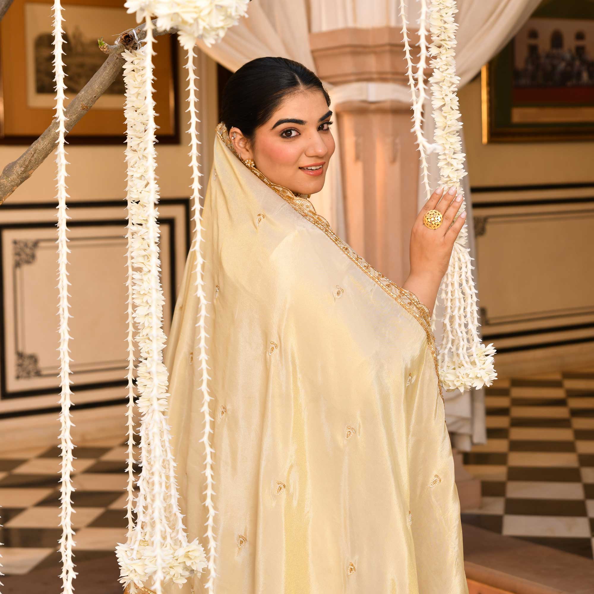 KALKI - Ivory & Gold Cutdana Embroidered Pure Tissue Silk Suit Set KALKI - Ivory & Gold Cutdana Embroidered Pure Tissue Silk Suit Set