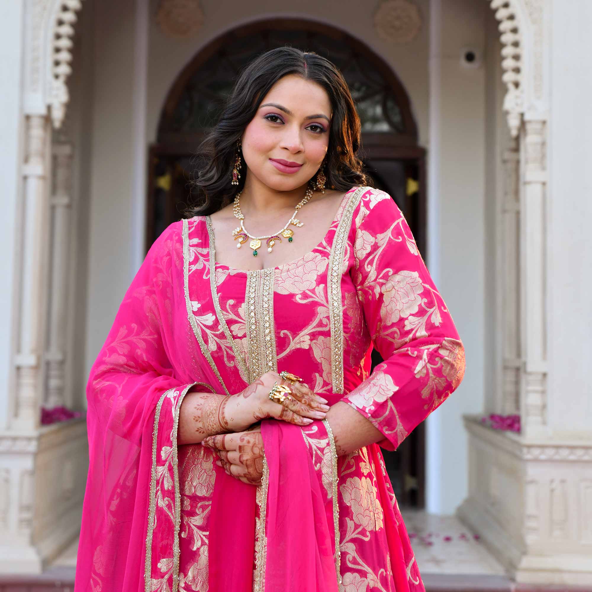 Pankhuri - Deep Pink Banarasi Pure Georgette Anarkali Set Pankhuri - Deep Pink Banarasi Pure Georgette Anarkali Set