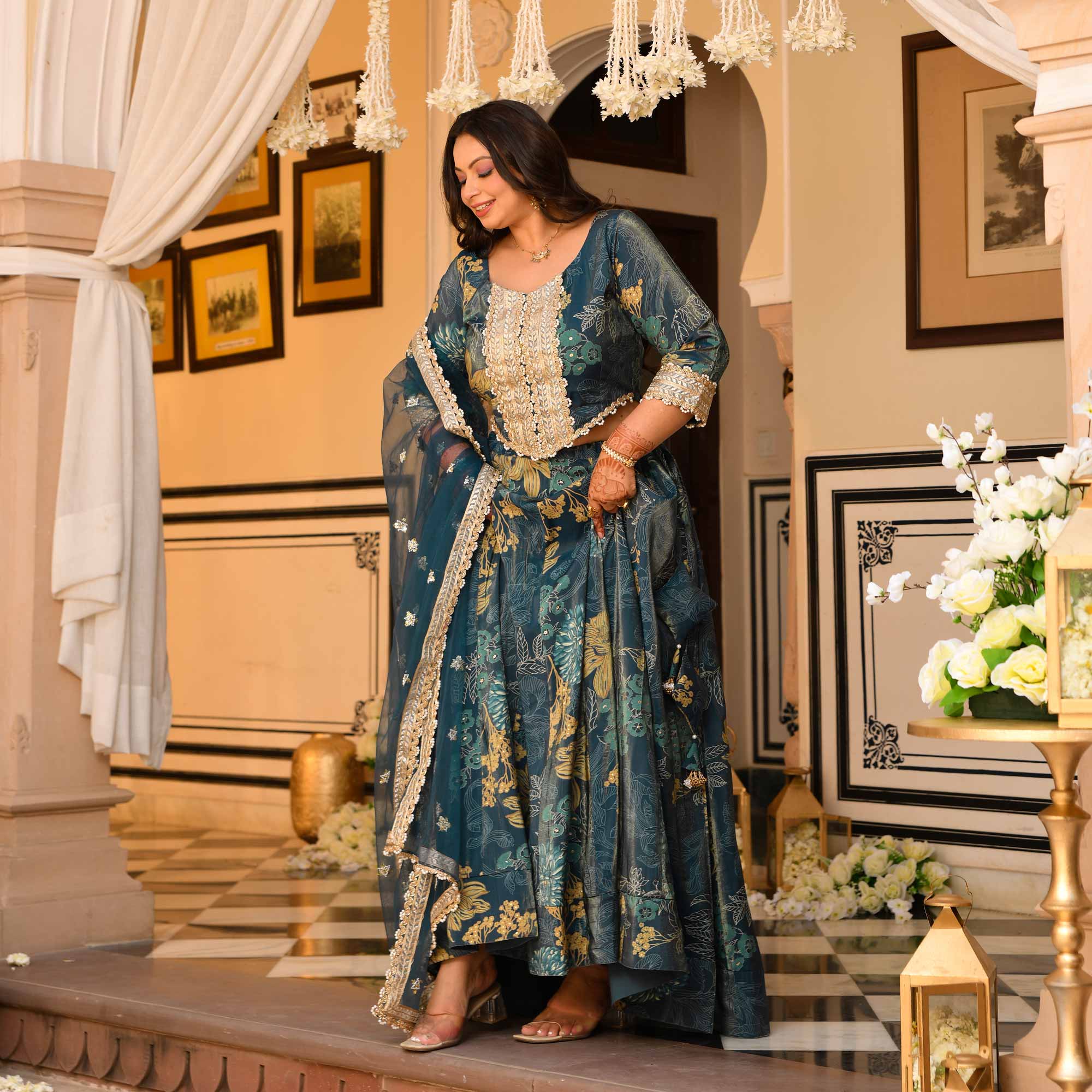 Lavish Lagoon Floral Tissue Silk Embroidered Lehenga Set Lavish Lagoon Floral Tissue Silk Embroidered Lehenga Set