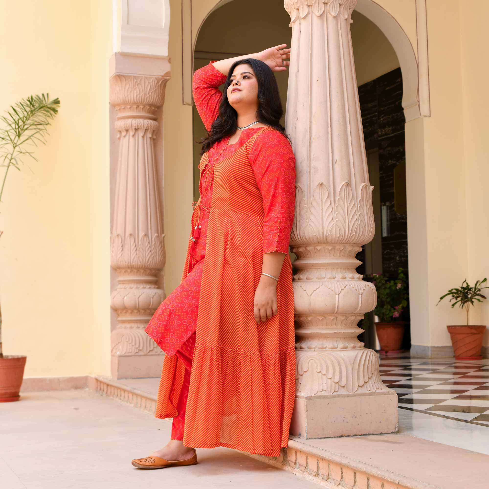 Kesari Katha Bandhani Cotton Co-Ord with Leheriya Cape