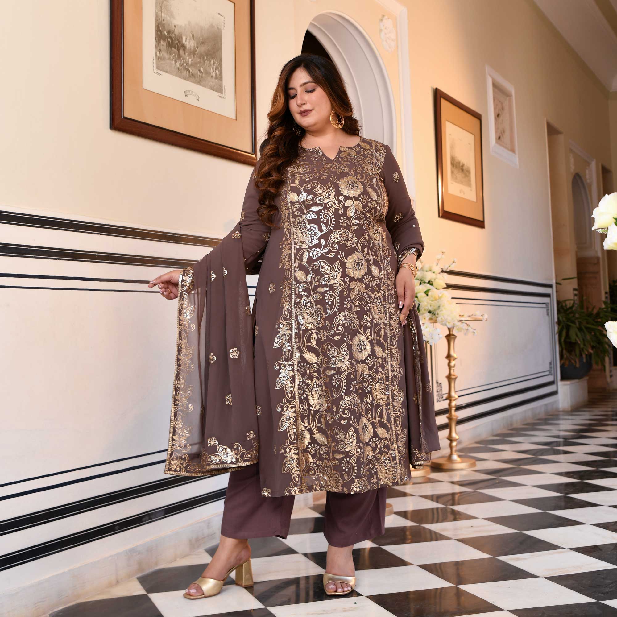 Ishani - Dusky Mauve Sequin Embroidered Georgette Suit Set