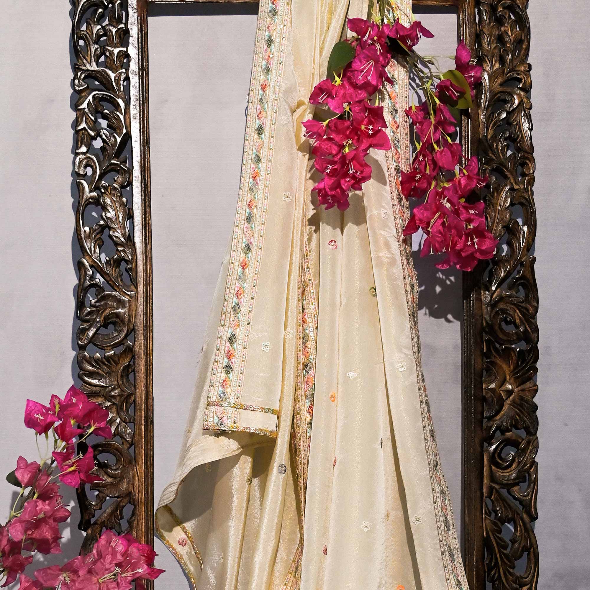 RAGINI Off-White & Gold Sequin Embroidered Pure Tissue Silk Anarkali Set RAGINI Off-White & Gold Sequin Embroidered Pure Tissue Silk Anarkali Set