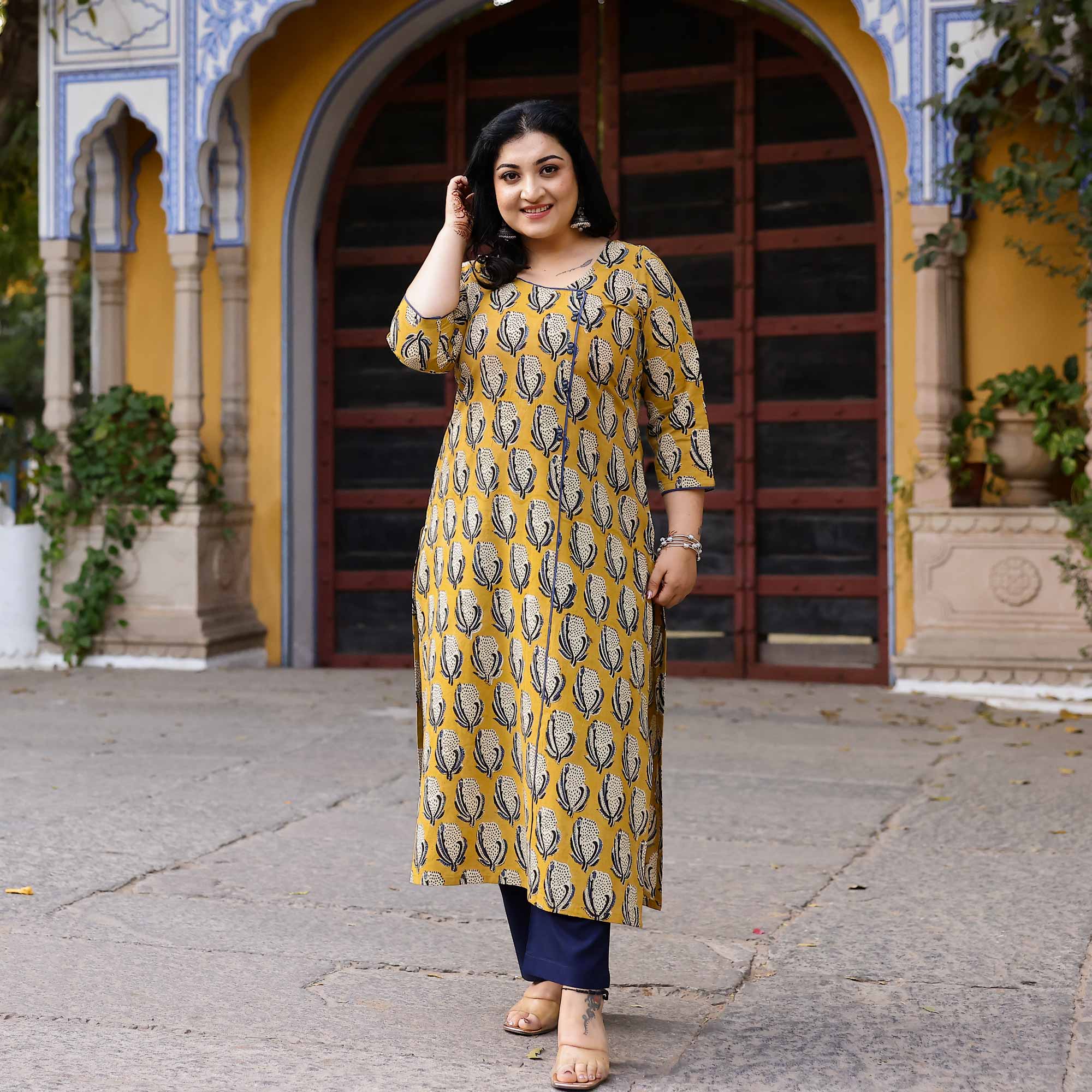 Buttercup Yellow Handblock Printed Cotton Kurta