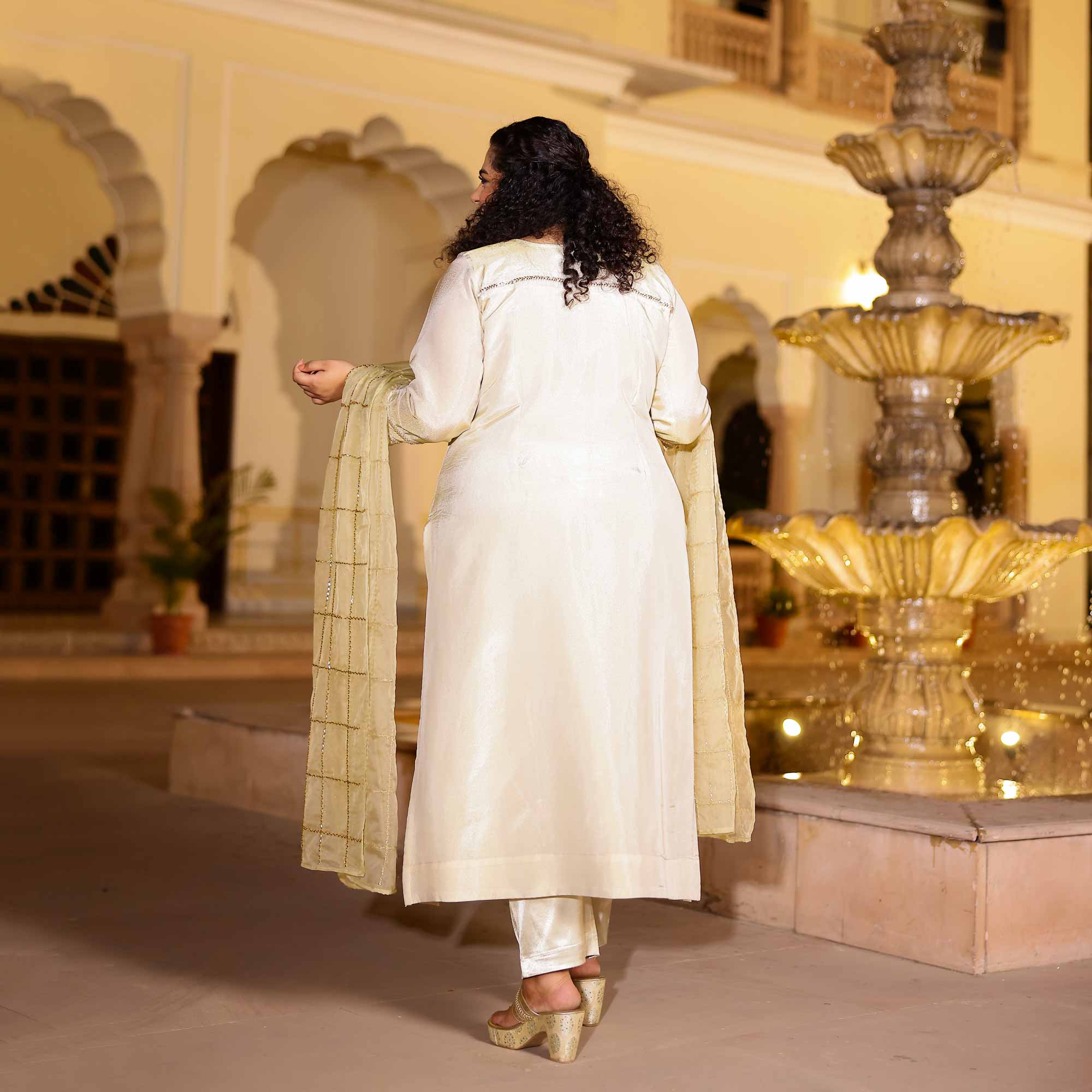 MOHANA Off-White & Gold Cutdana Embroidered Pure Tissue Silk Kurta