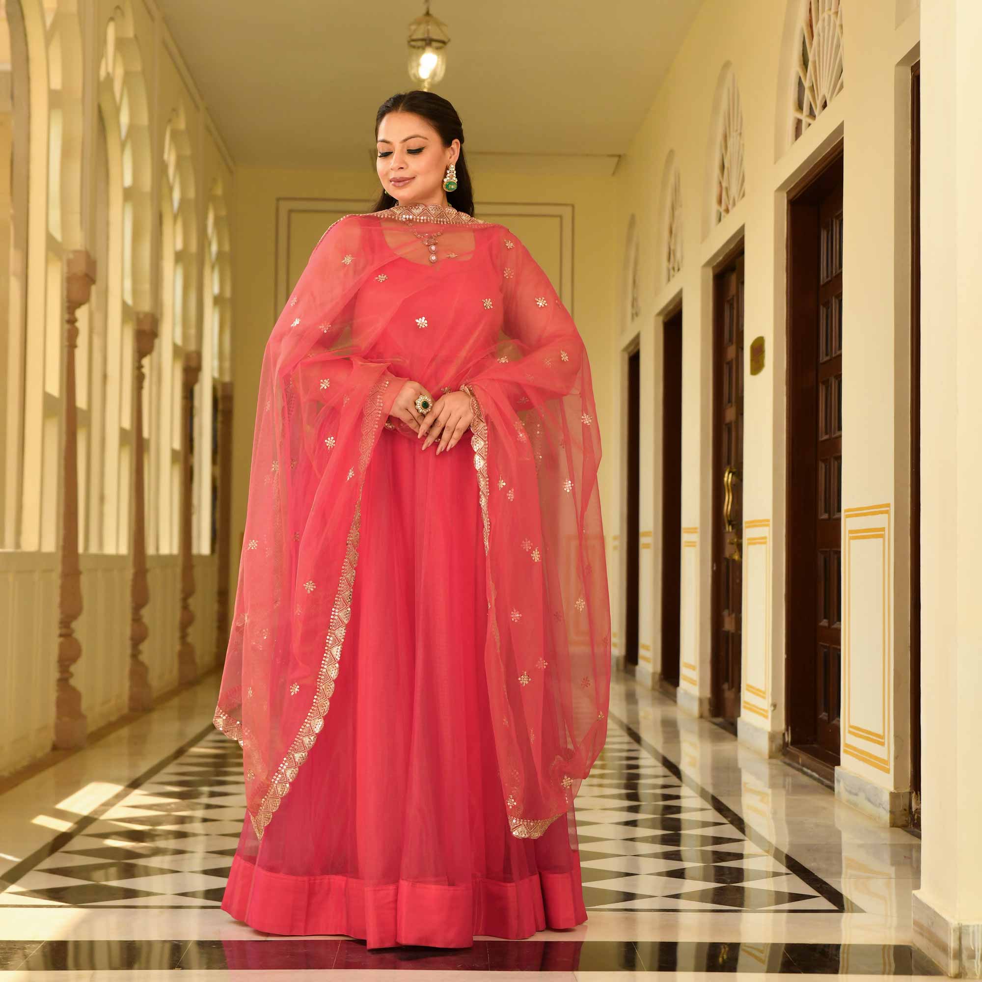 Coral Crush Glam Tissue Net Anarkali Set Coral Crush Glam Tissue Net Anarkali Set